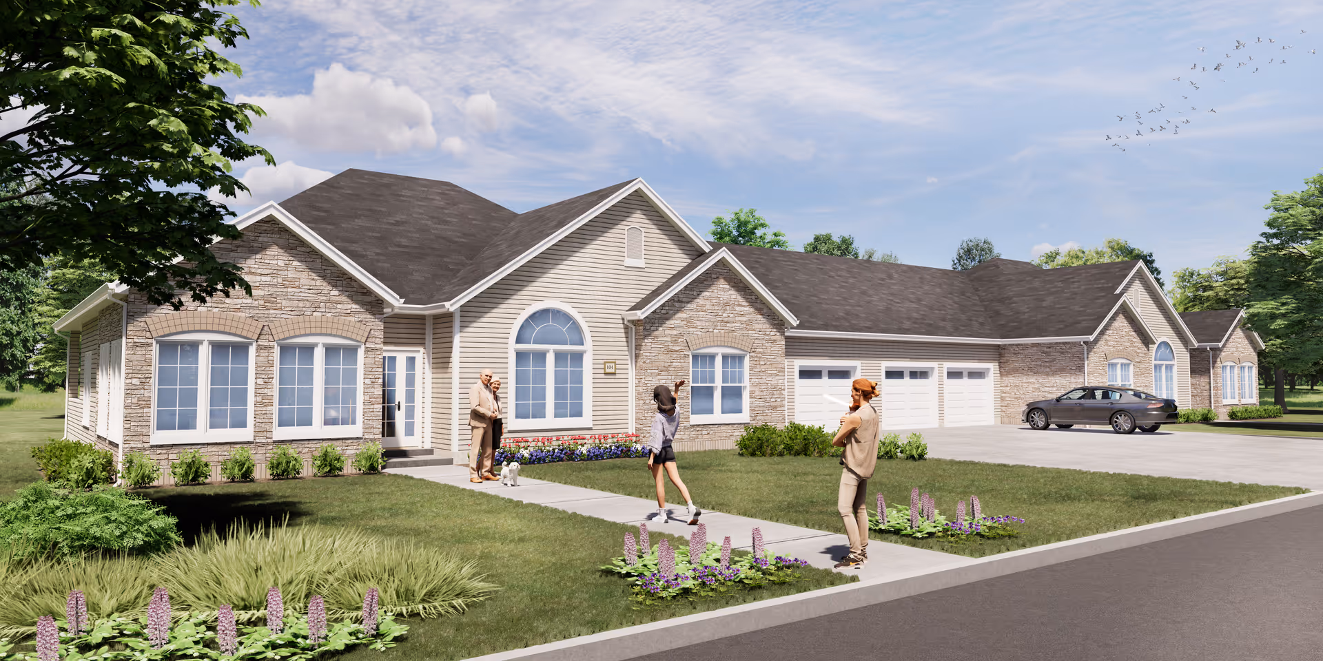 A single-story senior living facility with a manicured lawn and driveway in front.