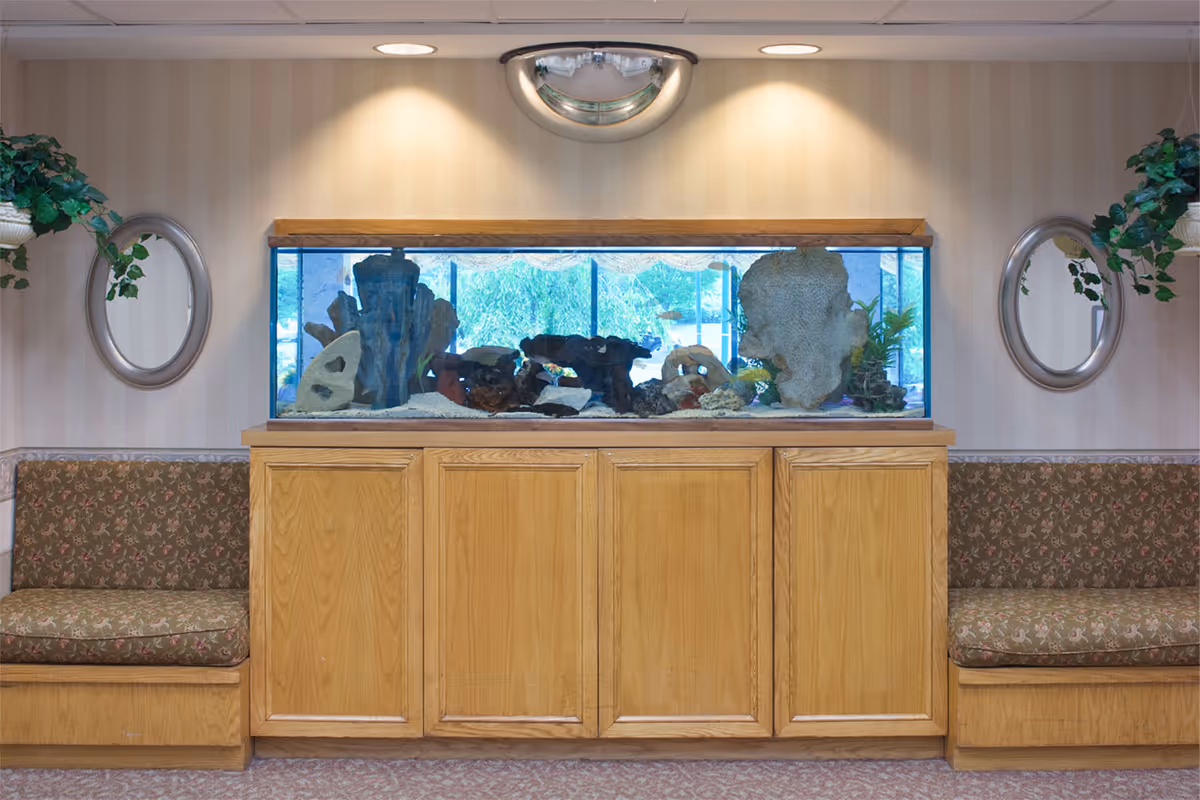 Interior view of a senior living facility area featuring a large rectangular aquarium with various rocks and coral inside, placed on a wooden cabinet. On either side of the aquarium are cushioned benches with floral upholstery. Two round mirrors hang on the wall above the benches, and there are green plants in white pots mounted on the wall. The wall has a striped wallpaper and the ceiling has recessed lighting with a convex security mirror above the aquarium.