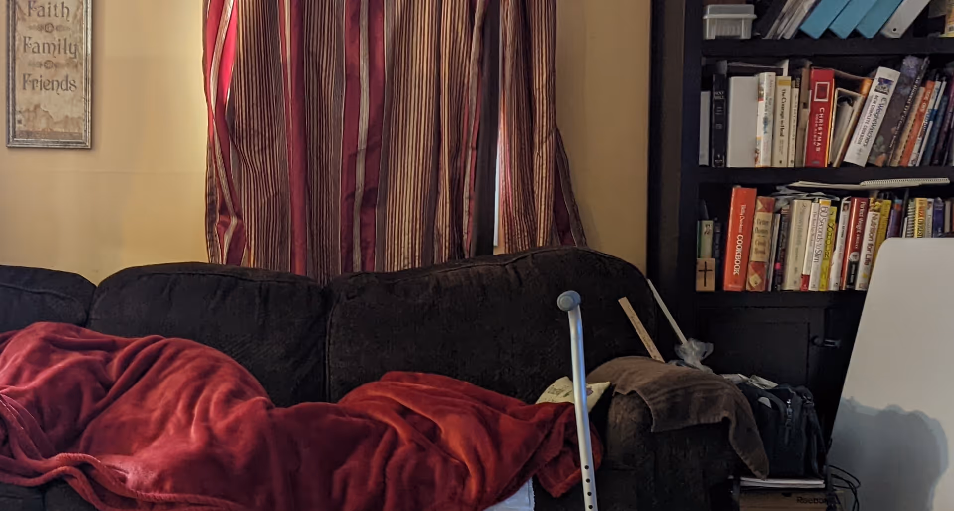 Cozy living room with dark sofa, red blanket, striped curtains, and a bookshelf.