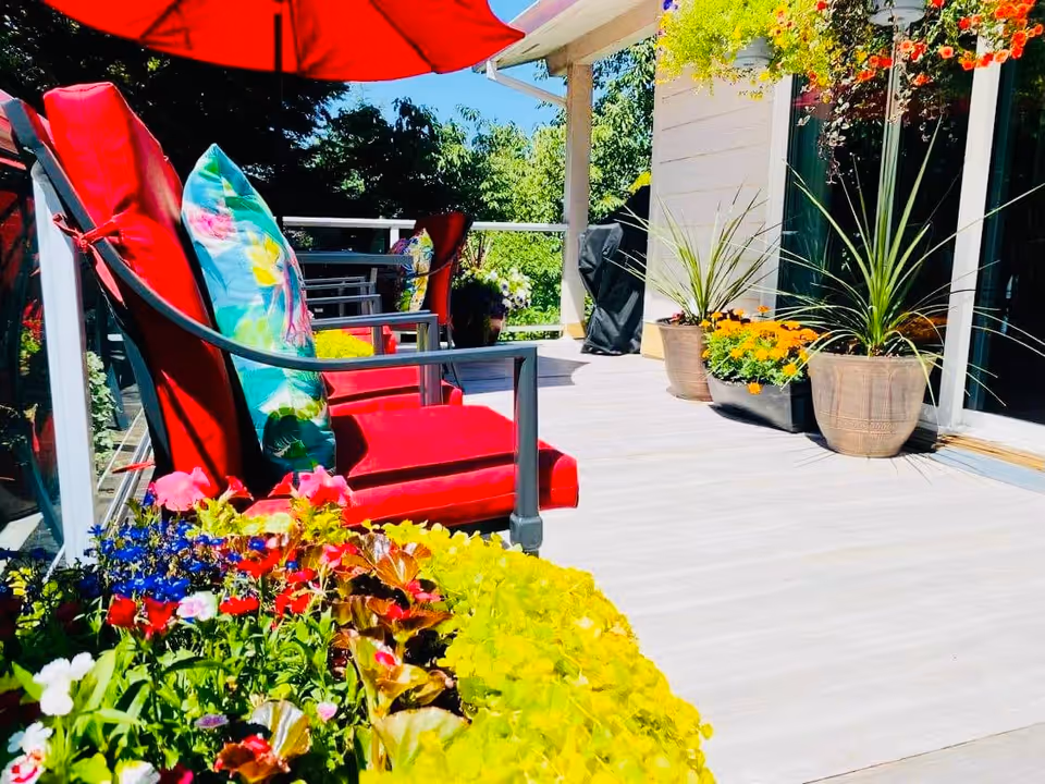 Outdoor patio area with red cushioned chairs, colorful floral pillows, a red umbrella, and various potted plants and flowers surrounding the space. The patio is adjacent to a building with large windows and a grill covered with a black cover.