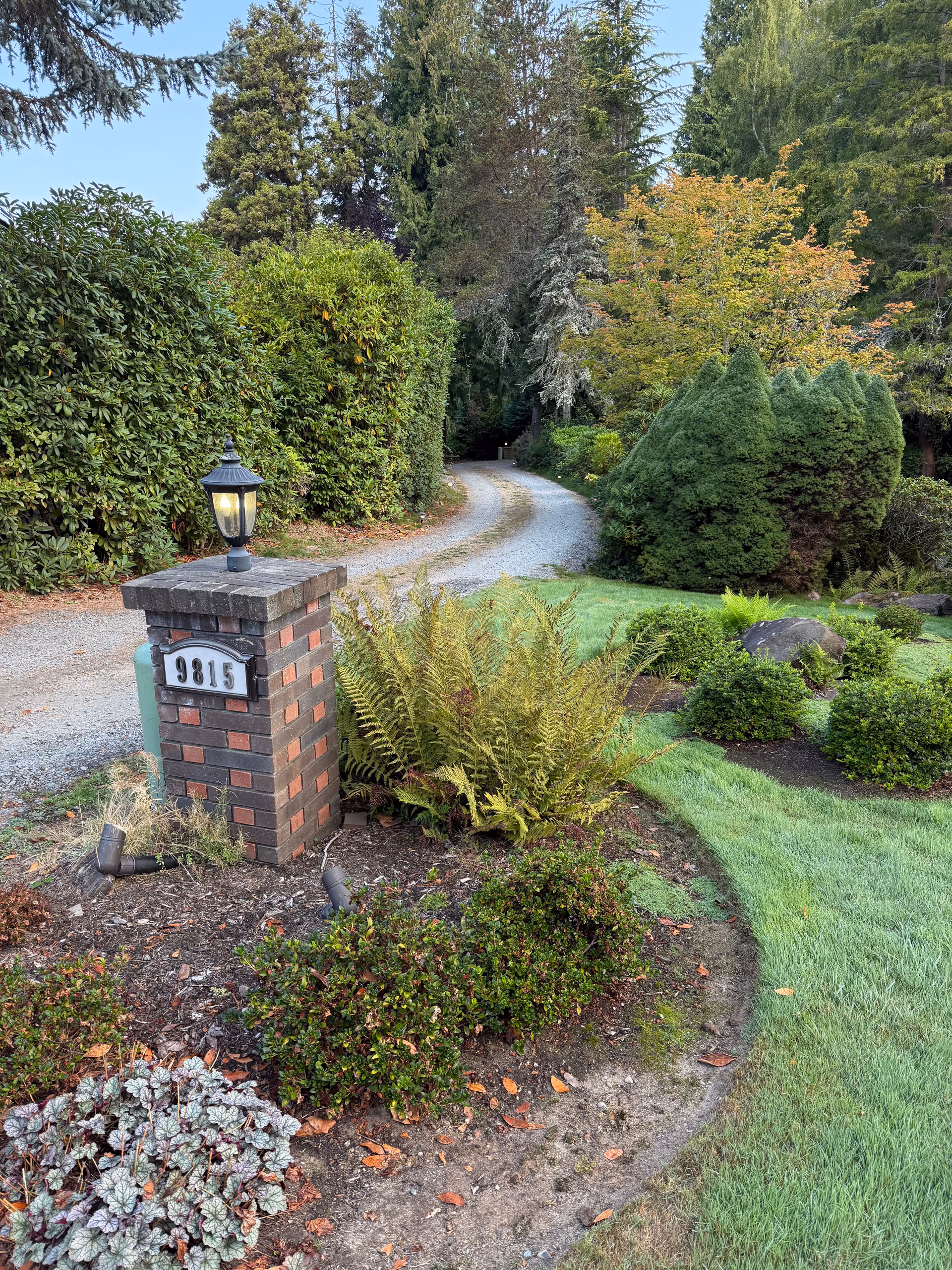 Winding gravel path bordered by lush shrubs and trees leads to a landscaped garden entrance.