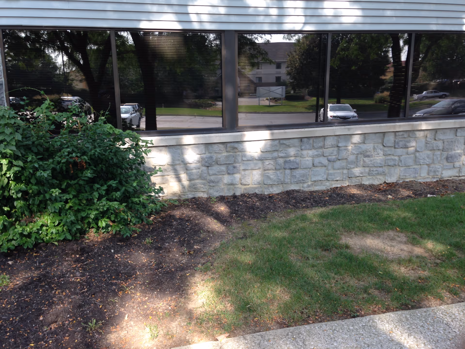 Exterior view of a facility with stone foundation, large windows, and landscaping.