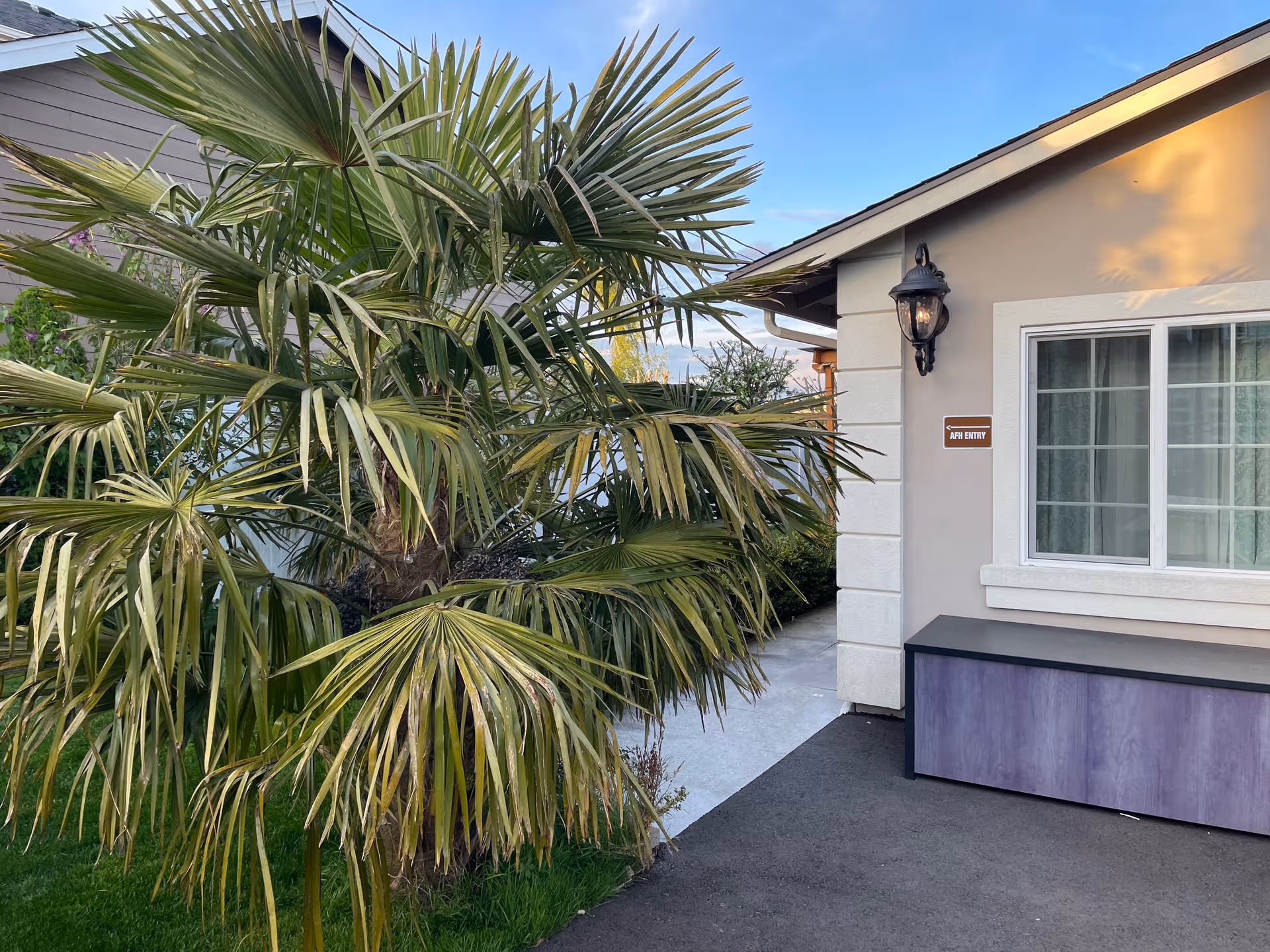 Front exterior of a single-story elder care home with a large palm and entry sign.