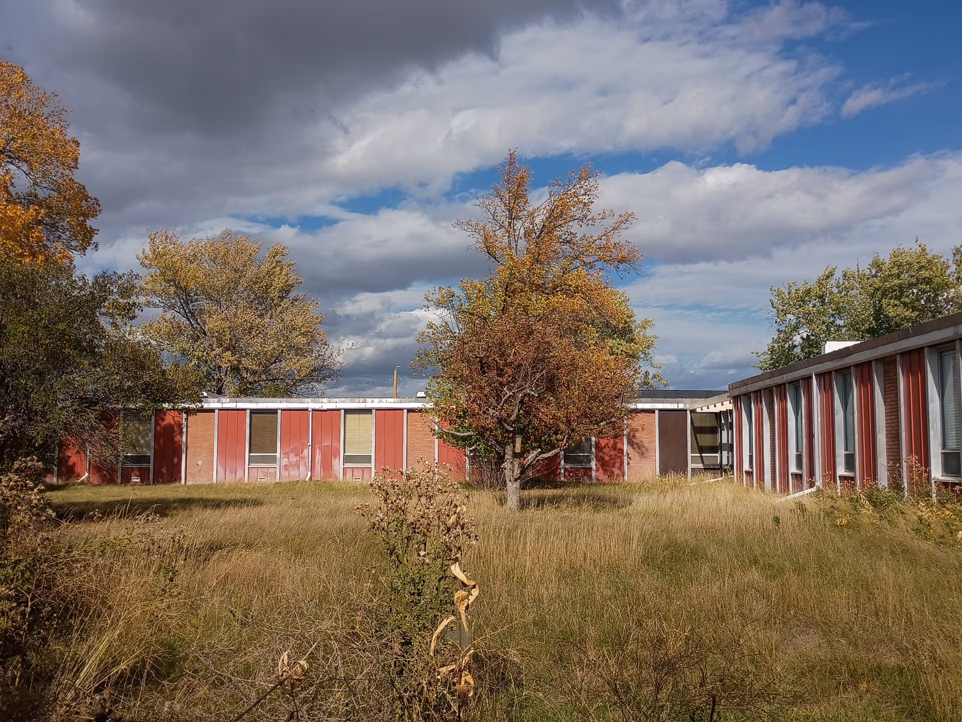 Exterior view of a low, red-sided building with overgrown grass and trees in front.
