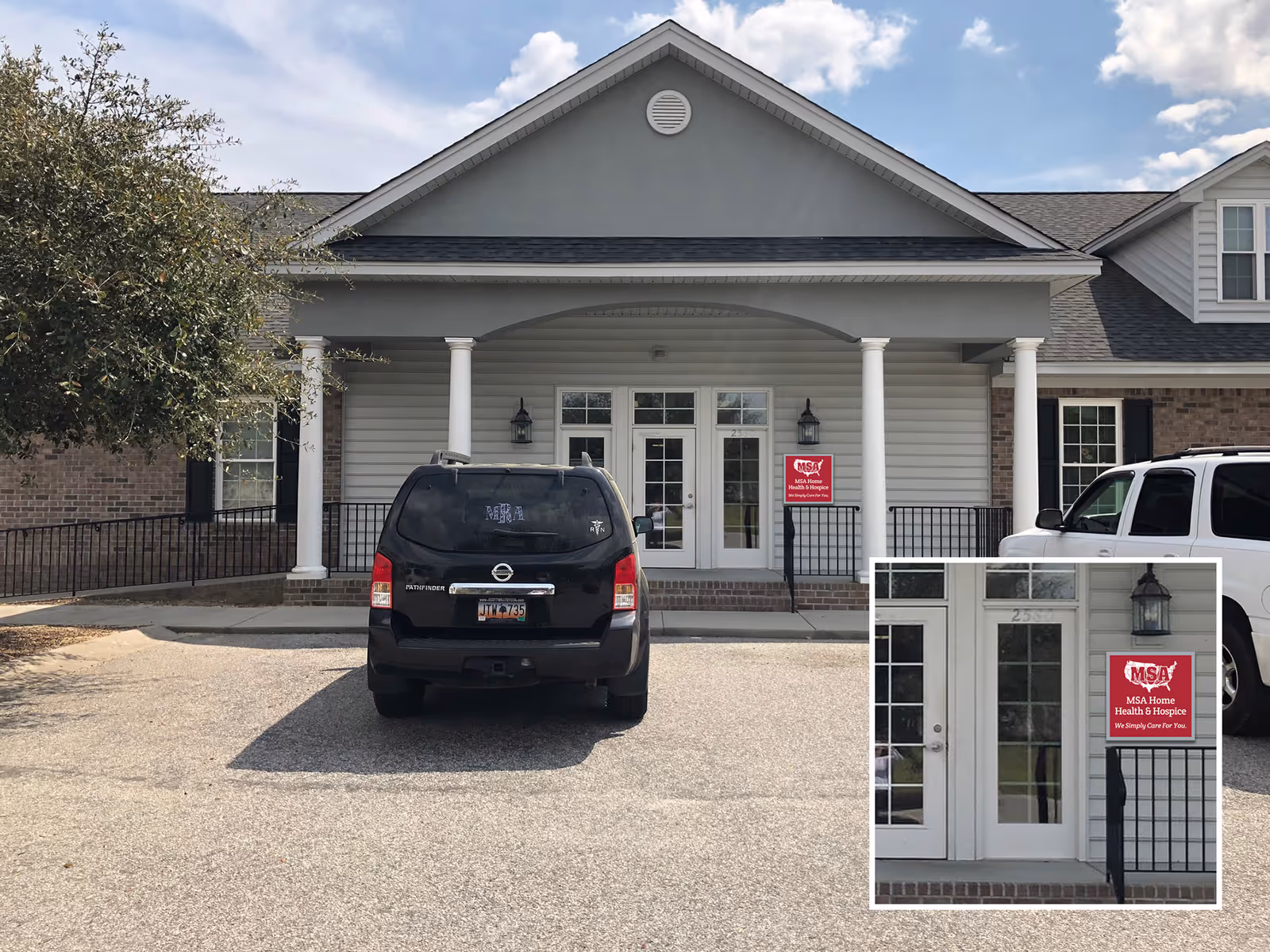 Front of a gray MSA Home Health facility with white columns and a parked SUV.