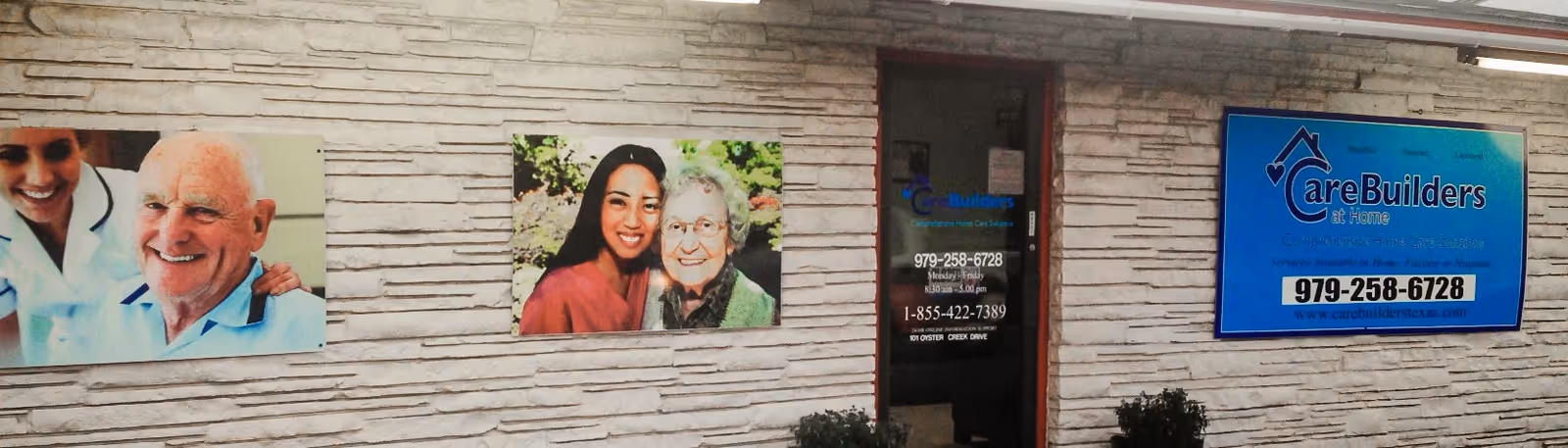 Exterior wall of CareBuilders at Home-Lake Jackson with doorway sign and mounted photos.