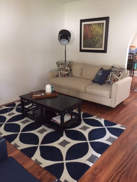 Cozy living room with white sofa, coffee table, rug, and framed art.