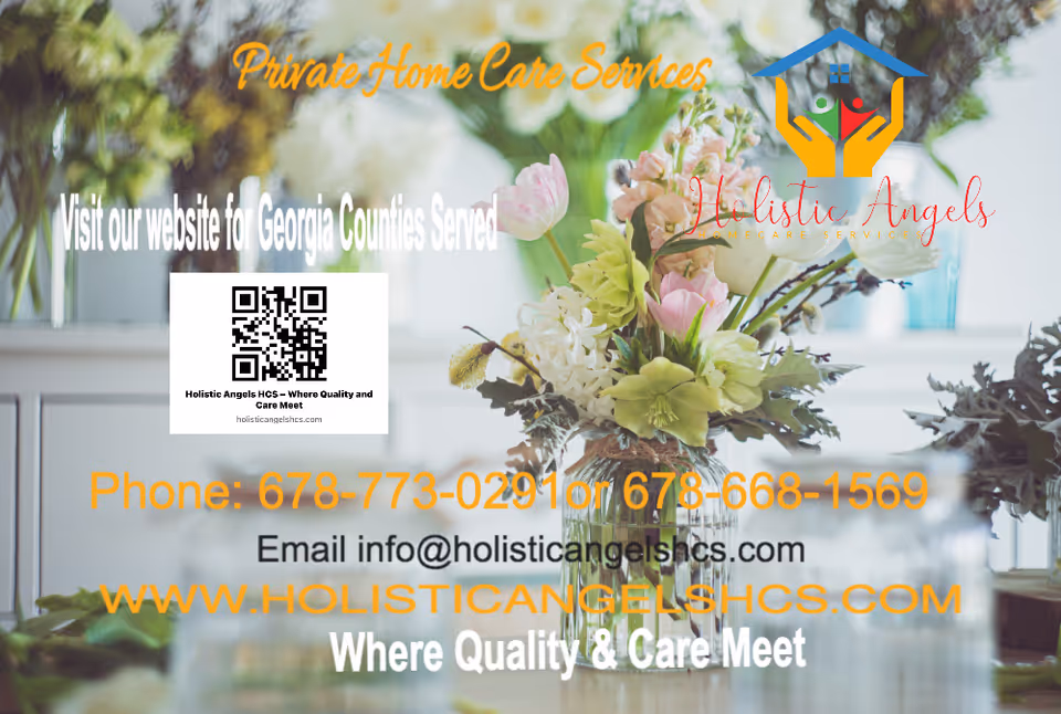Flower arrangement on a dining table with promotional text and contact details overlay.