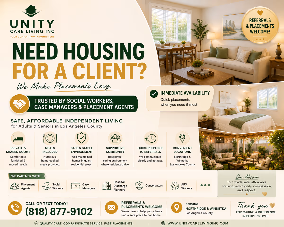 Promotional flyer for Unity Care Living Inc. featuring a living room, dining area, and outdoor patio.