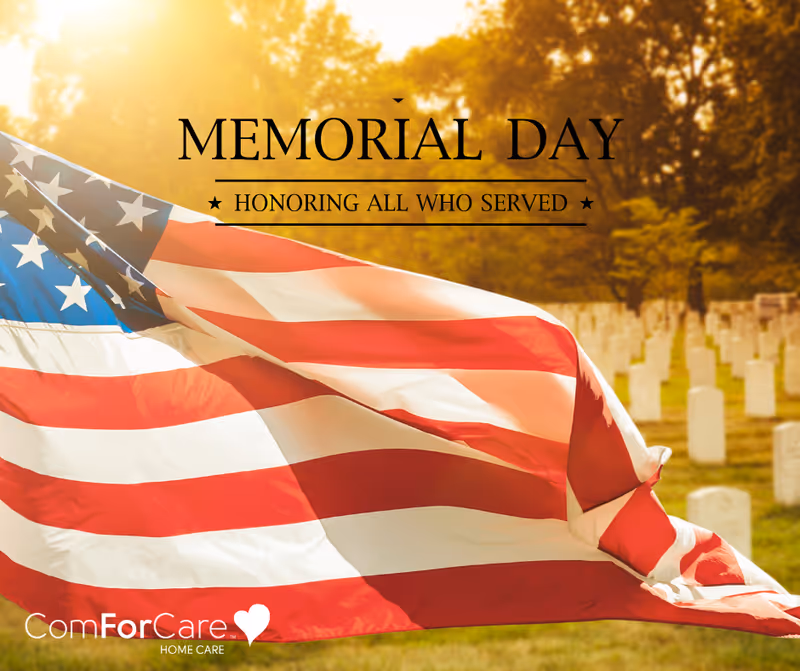 American flag draped in foreground with a memorial cemetery and Memorial Day overlay.