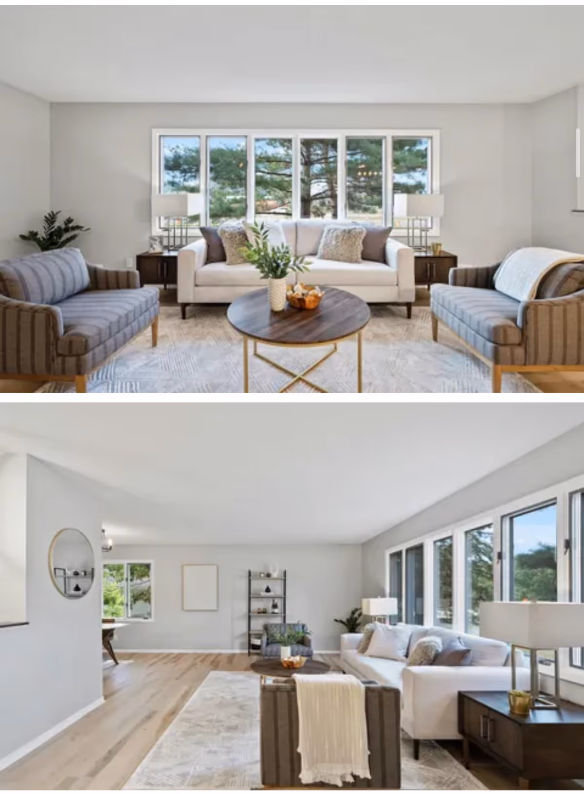 Two adjacent living room scenes in a modern senior living facility with sofas and large windows.