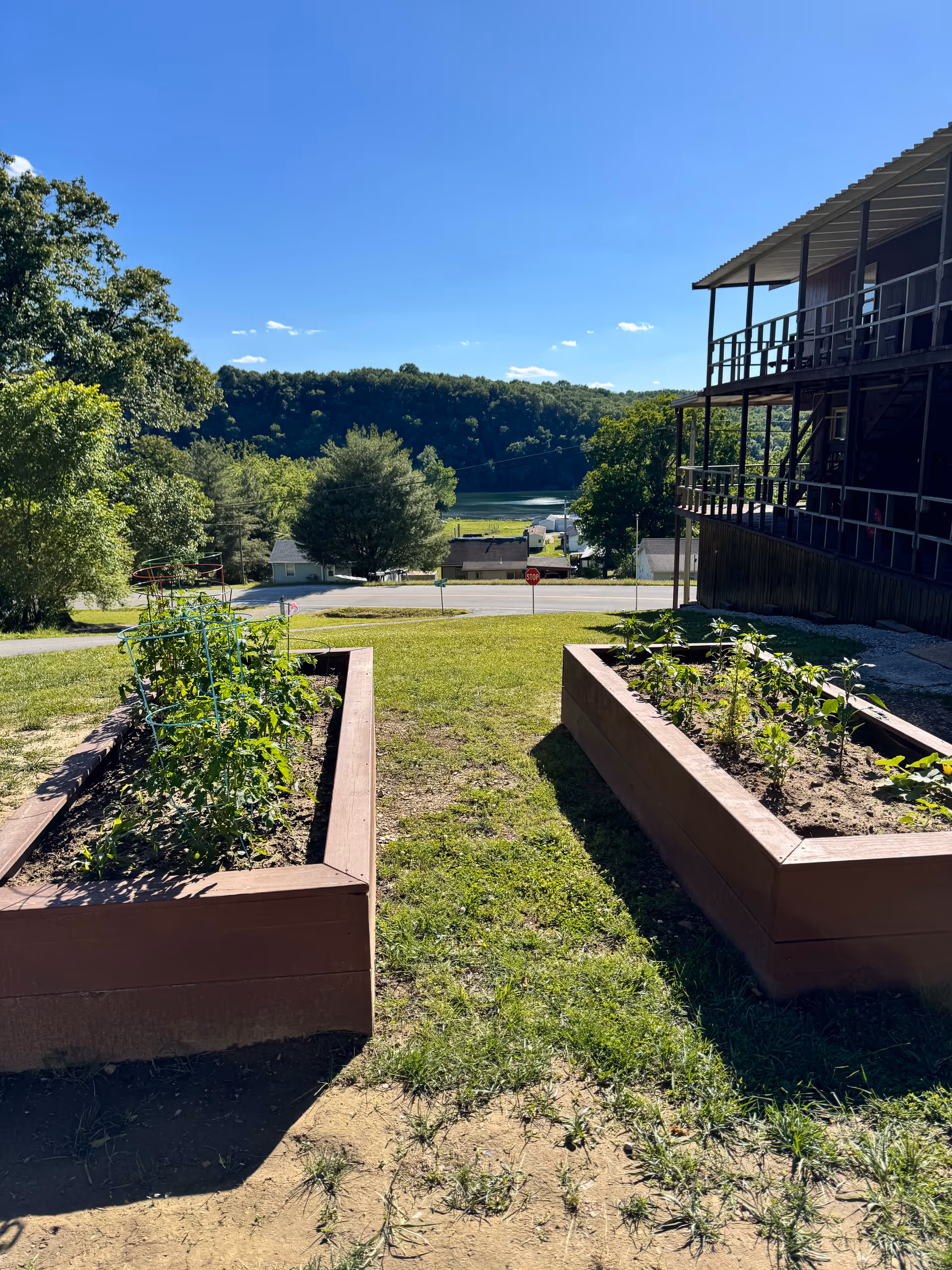 Outdoor lawn with raised garden beds beside a two-story wooden building at Lakeside Mountain Manor.