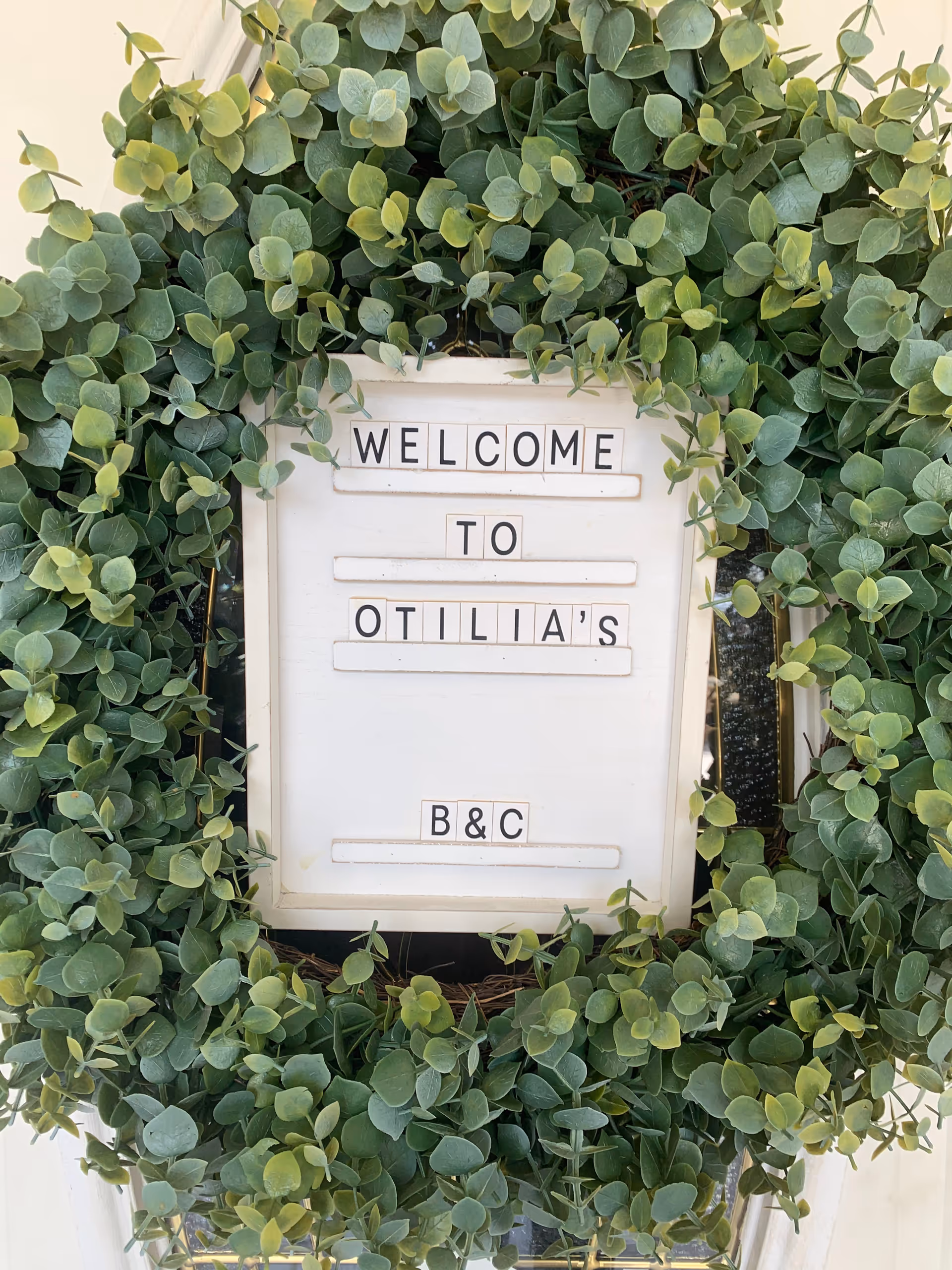 Welcome sign reading Otilia's B&C surrounded by lush green vines at the entrance