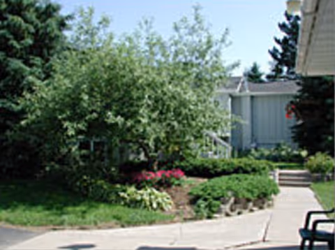 Well kept outdoor garden with trees, shrubs, and a paved walkway.