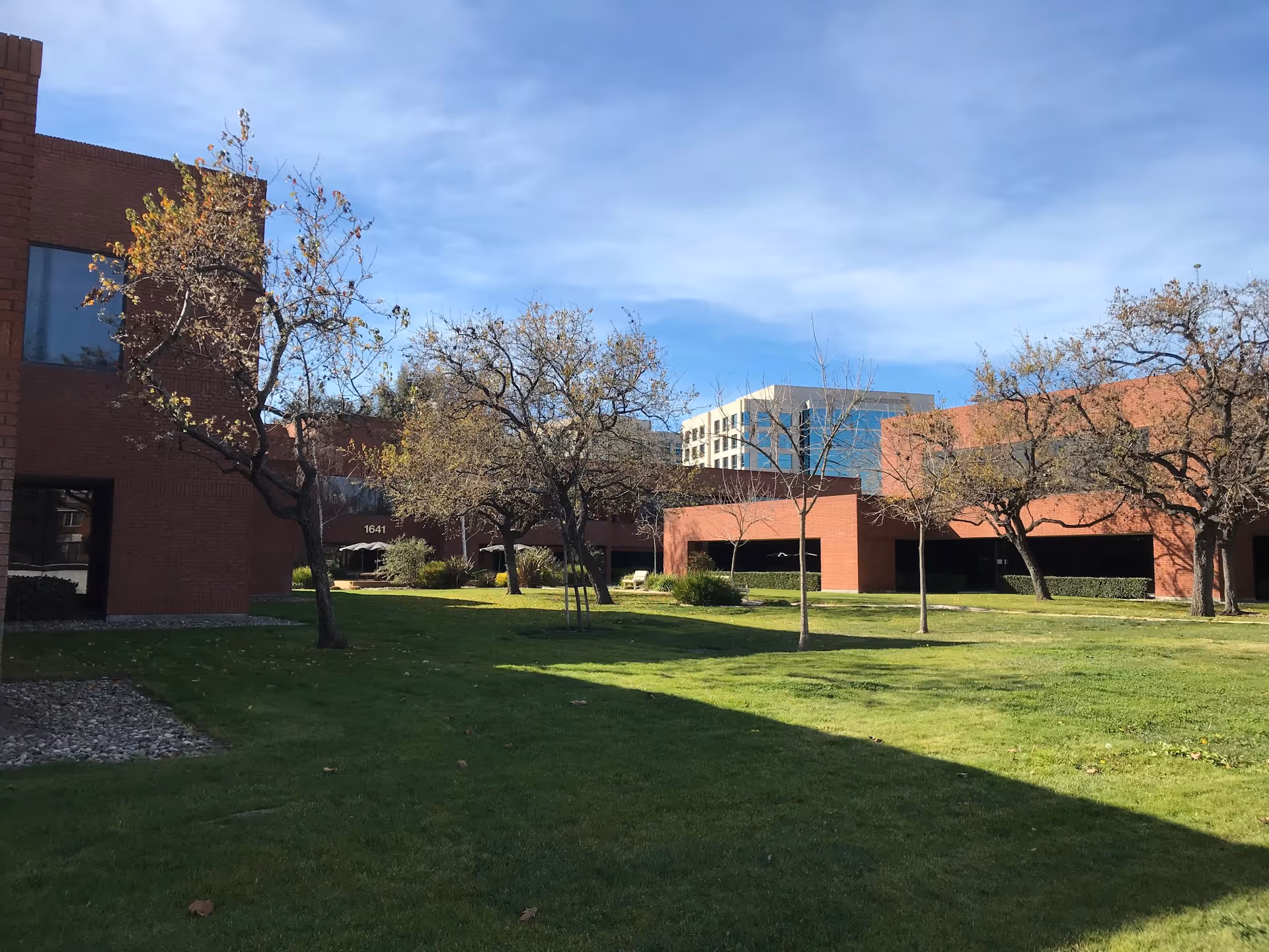 Exterior view of brick campus building with green lawn, trees, and a blue sky.