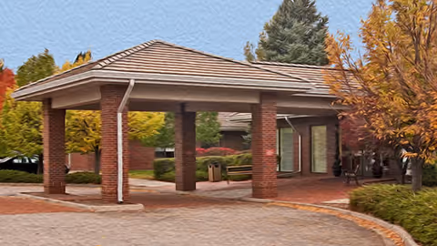 Exterior view of a brick entrance canopy at Orchard Park Health Care Center