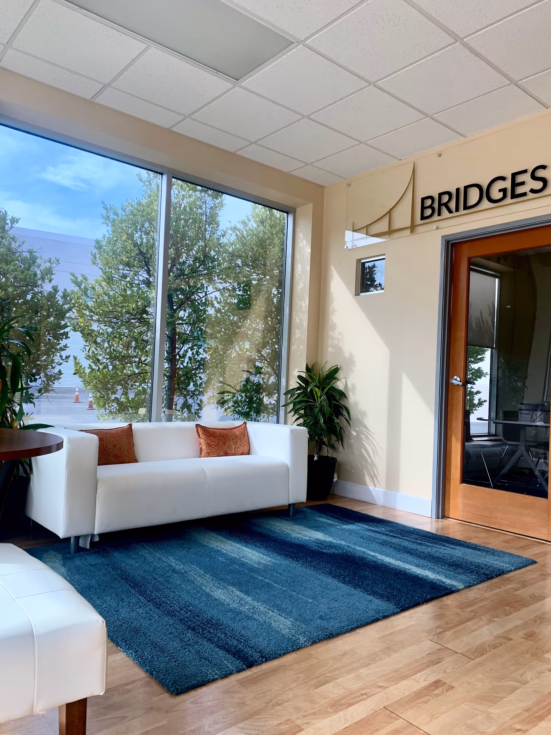 Bright interior lobby with white sofas, blue rug, plants, and Bridges Health Services sign.