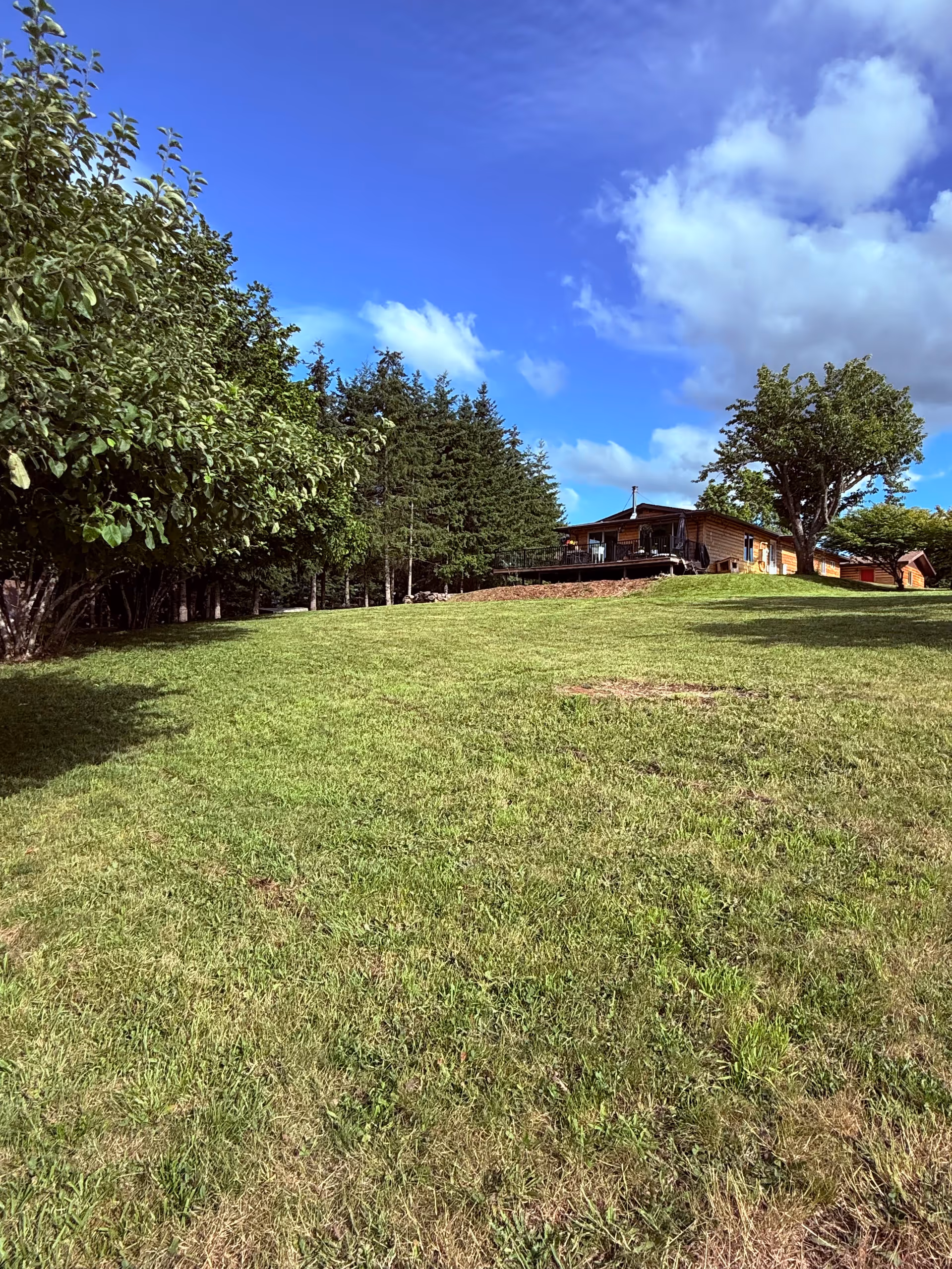 Grassy lawn leads to a single-story care home with trees under blue sky.