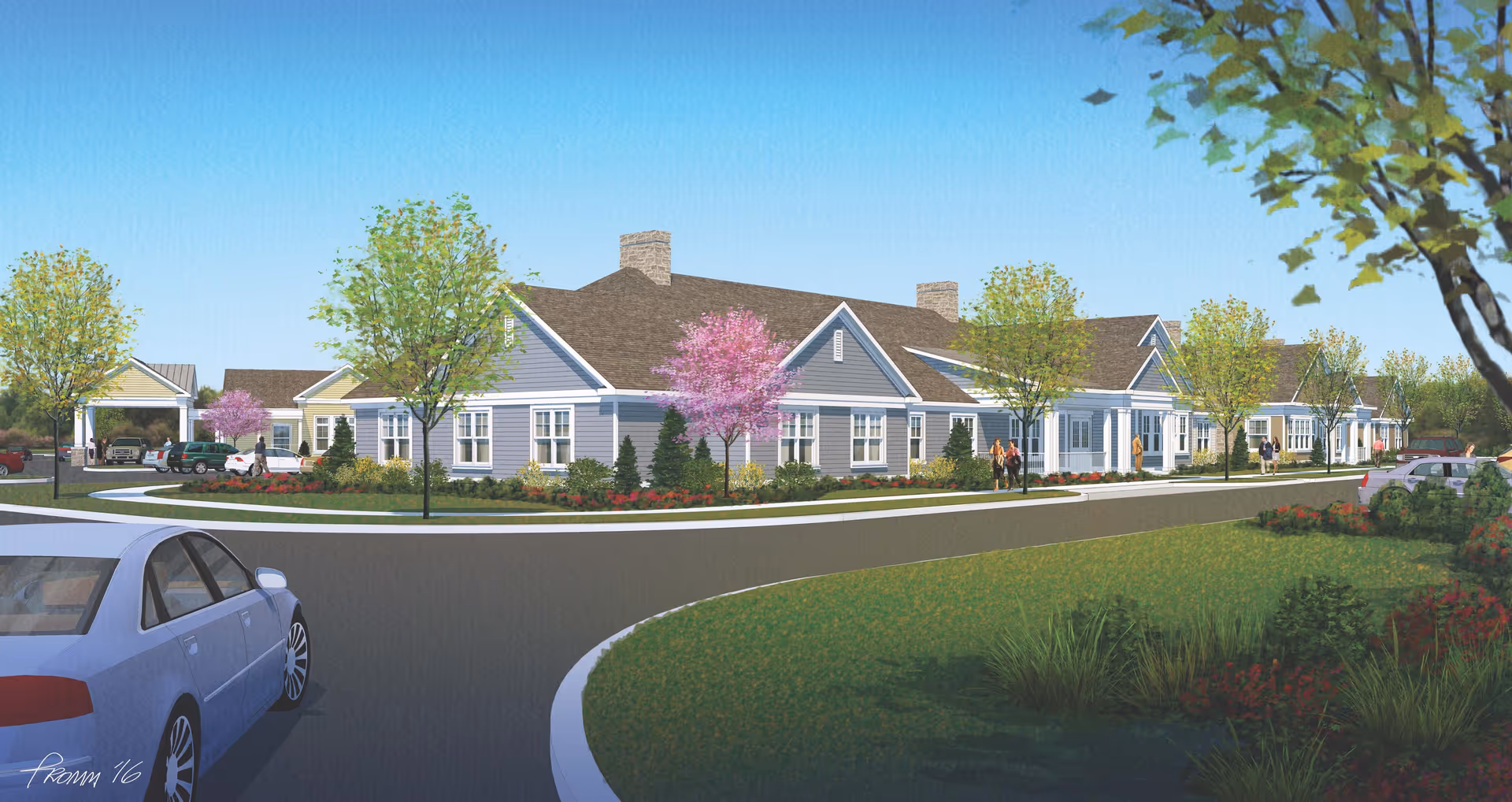 Row of single-story senior living cottages with landscaped front yards and parked cars.