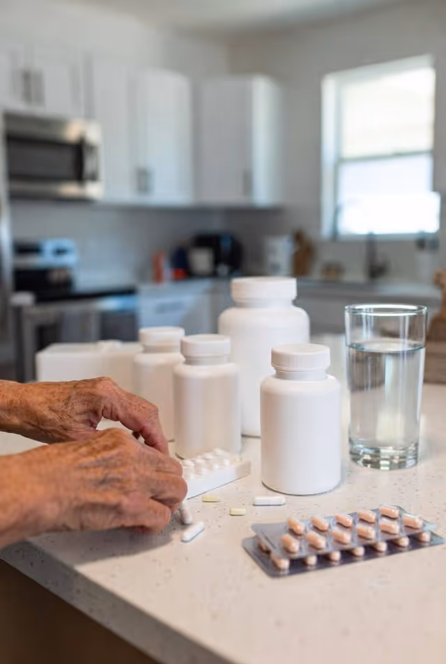 Elderly hands are arranging medication pills and bottles on a kitchen counter.