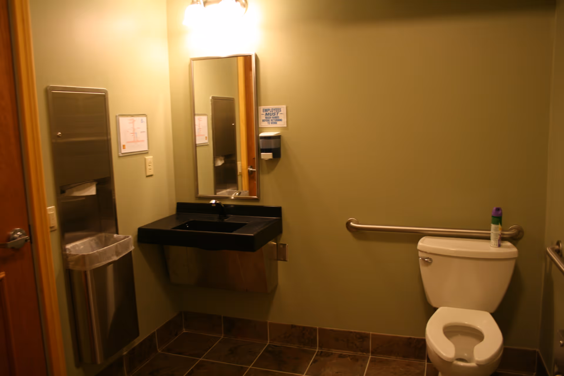 Public bathroom with sink, mirror, toilet, grab bar, and trash can.
