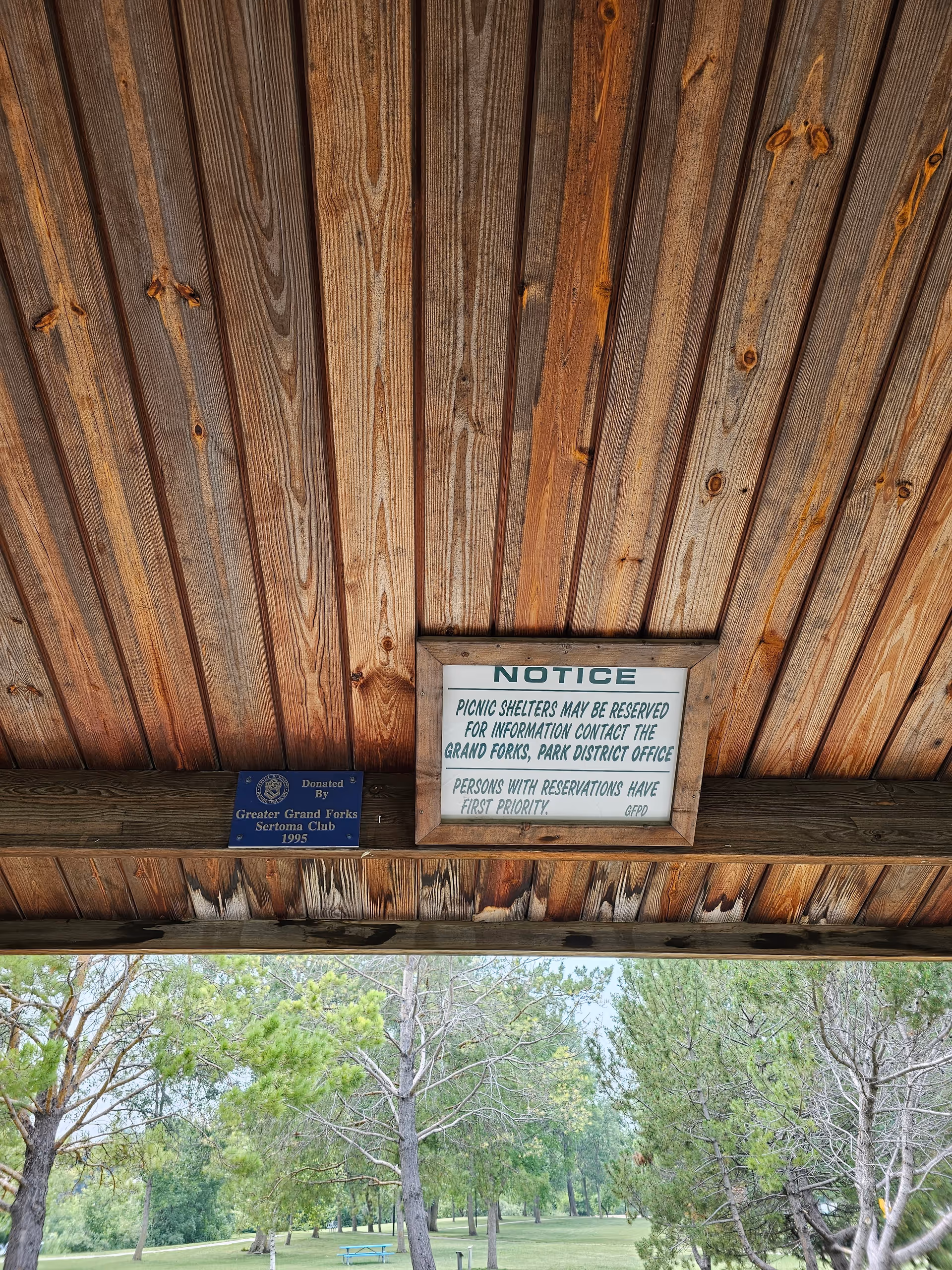Wooden shelter ceiling with a notice sign overlooking a sunlit grassy park.