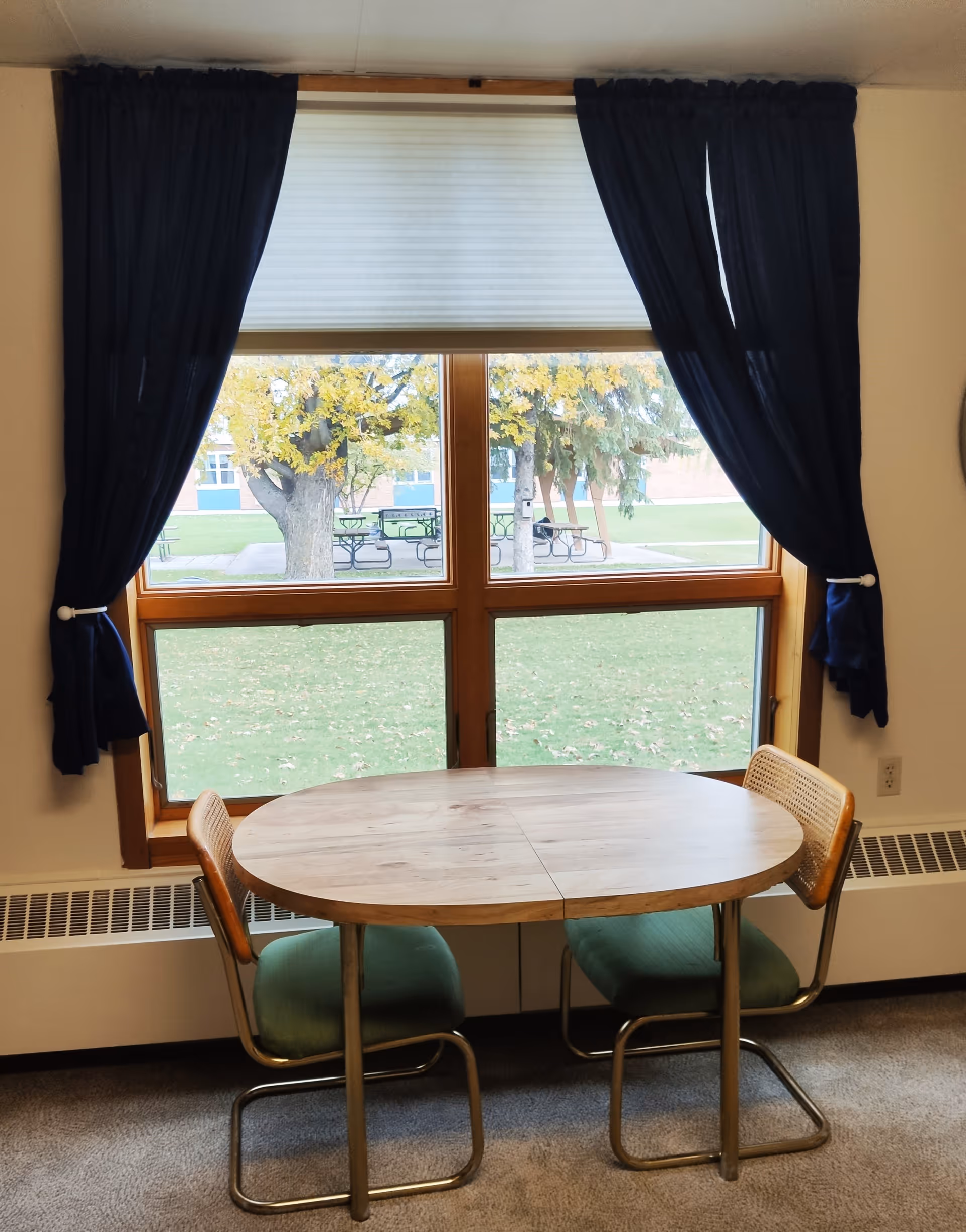 A small round wooden table with two chairs featuring green cushions and cane backs is positioned in front of a large window with dark blue curtains. Outside the window, there is a grassy area with trees and picnic tables.