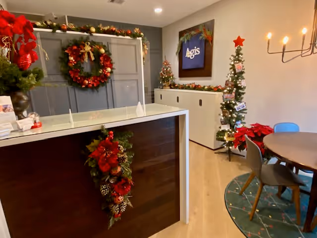 Indoor reception area with festive Christmas decorations, wreaths, garland, and a tree.