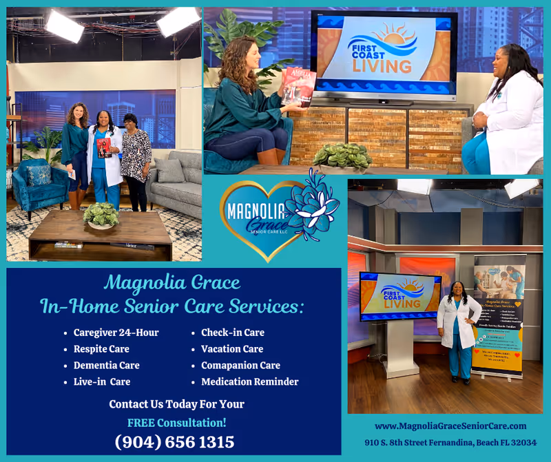 Promotional collage for Magnolia Grace Senior Care featuring staff, logo, and TV segment backdrop.