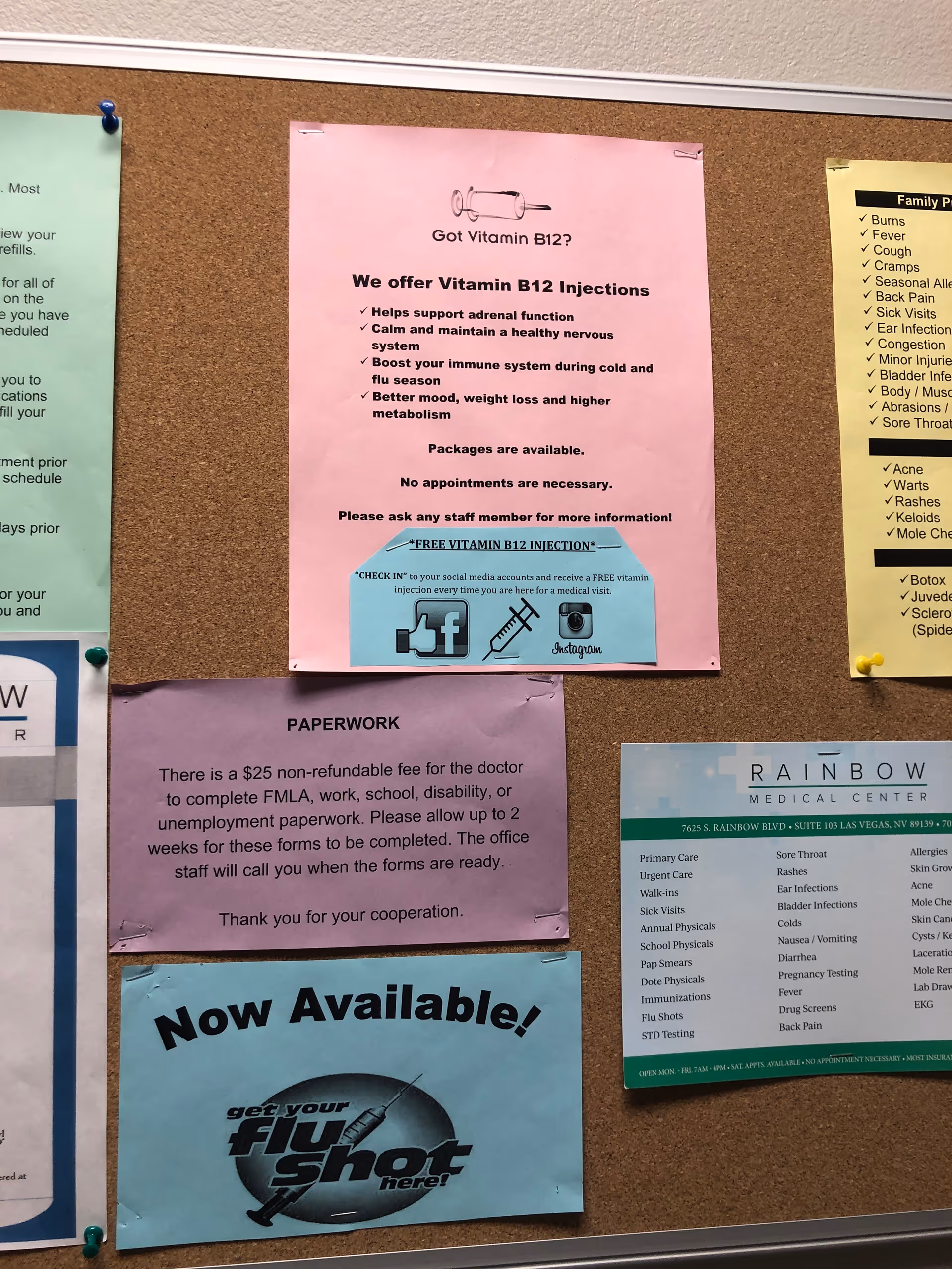 Colorful flyers and notices pinned to a cork bulletin board in a senior facility.