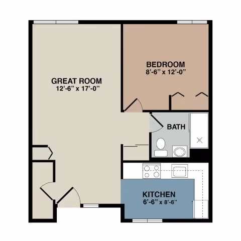 Floor plan of an apartment at Garden Court Apartments showing a great room, bedroom, bathroom, and kitchen with dimensions.