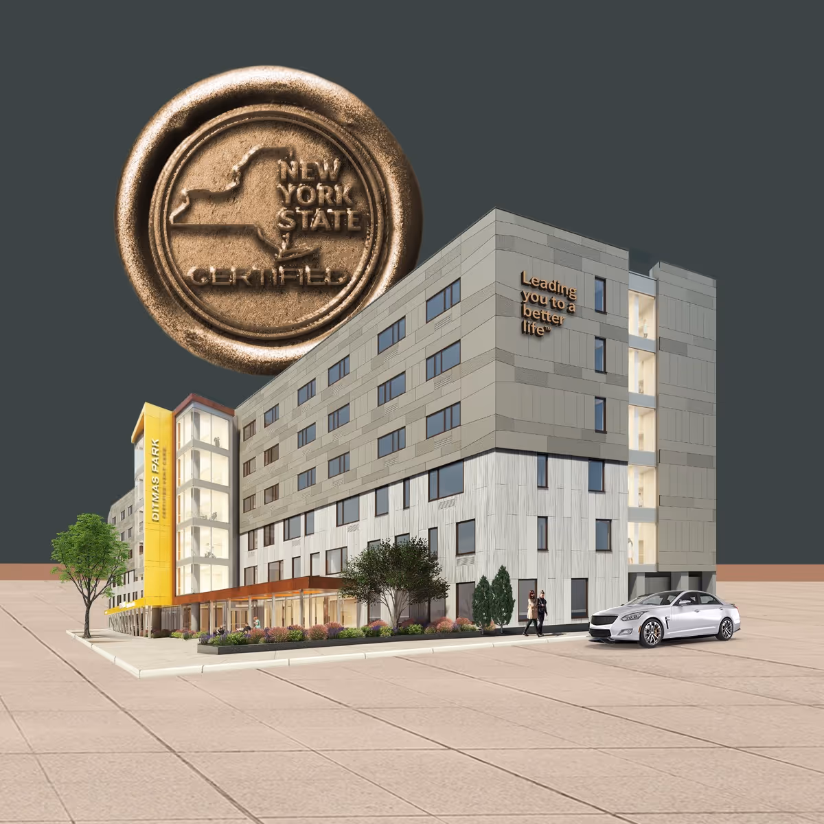 Modern exterior of Ditmas Park Nursing & Rehab with a large coin graphic.