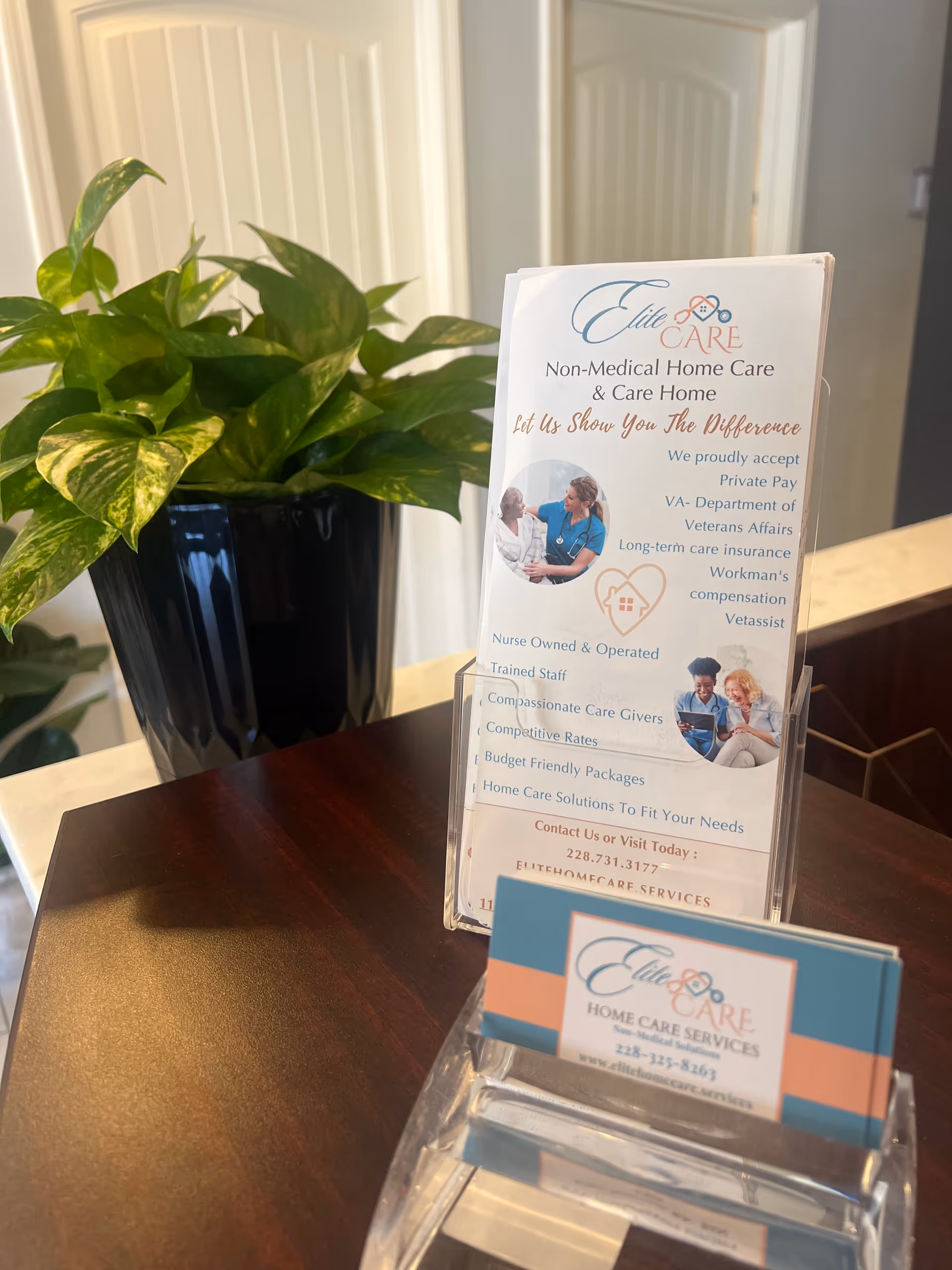 Reception desk with brochure stand and potted plant in a facility interior.