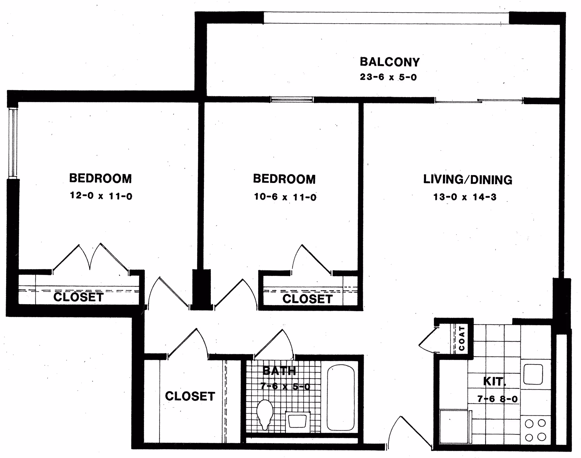 Floor plan of a St Mary Manor unit showing two bedrooms, living/dining area, kitchen, bath, balcony.