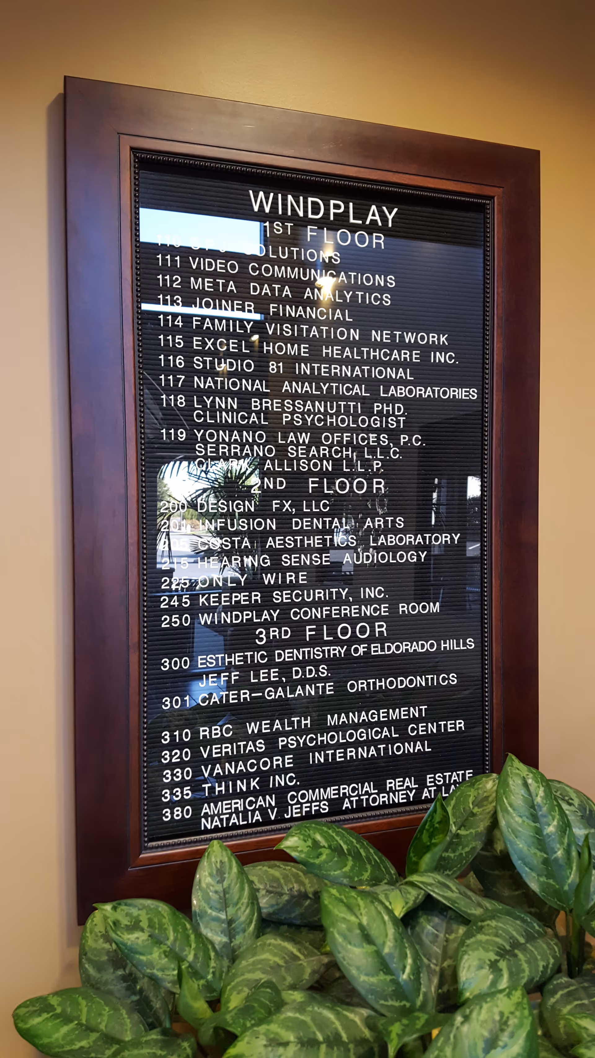 Framed directory sign on an interior wall listing tenants, above green plants.