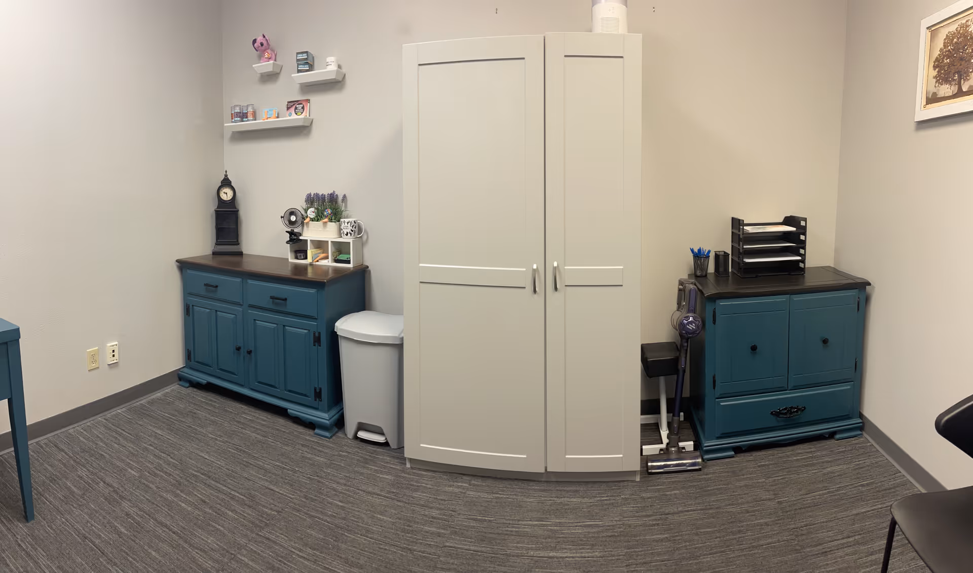 Treatment room with blue-green cabinets, a tall white closet, shelves, and equipment.