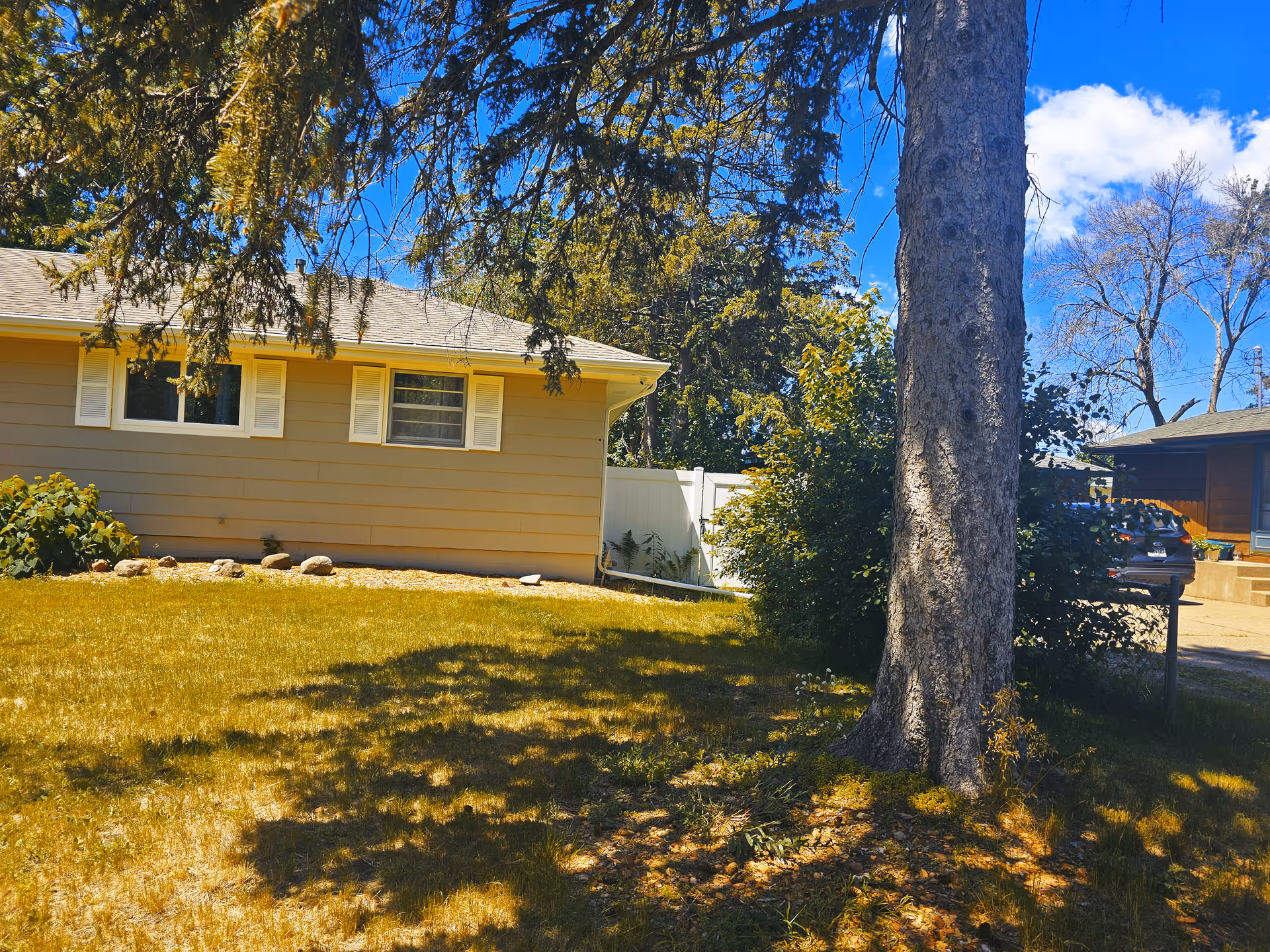 A beige single-story building sits in a yard with a large tree and driveway.