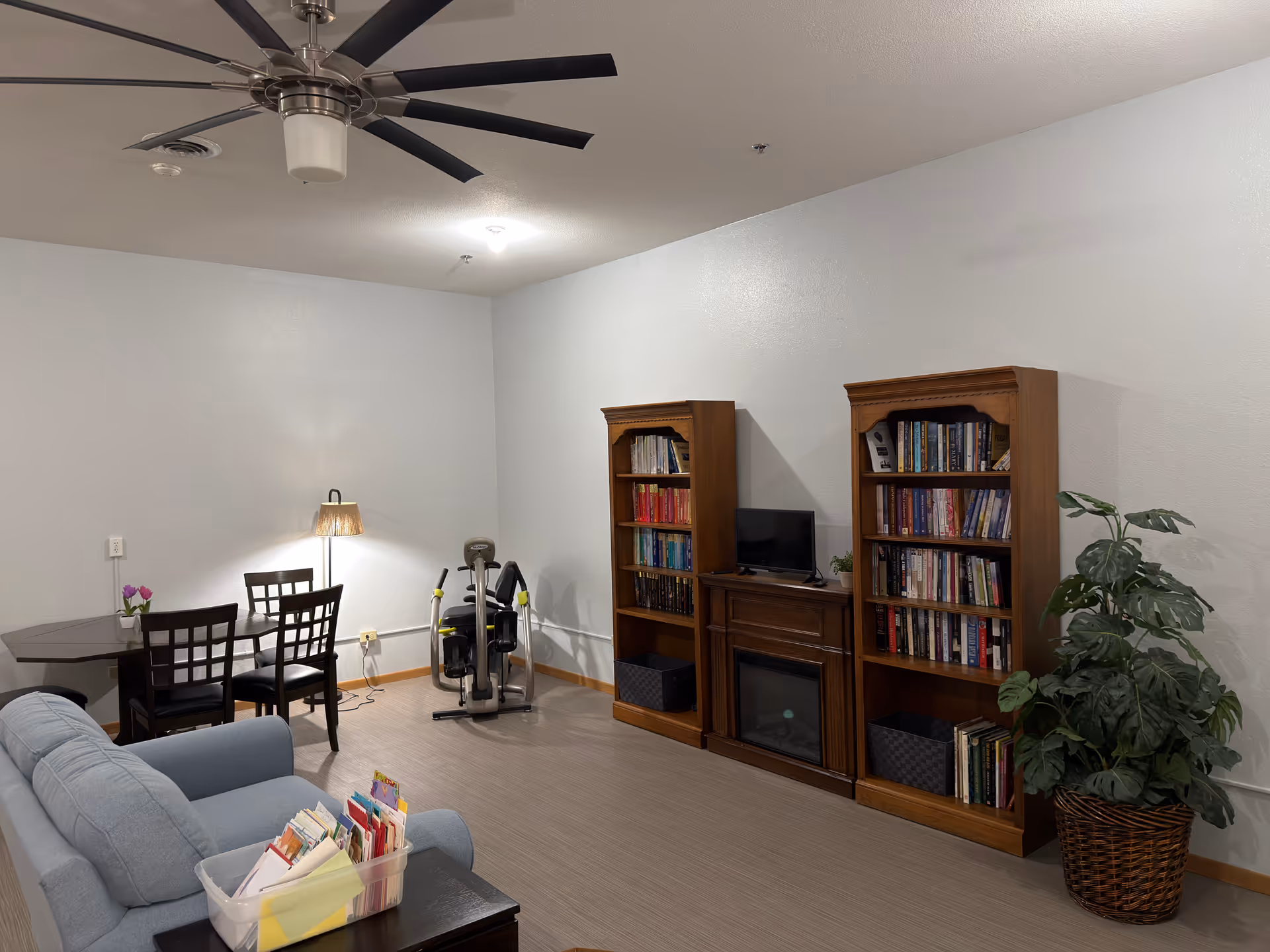 A comfortable living lounge with sofa, bookshelves, exercise bike, fireplace, and dining table.