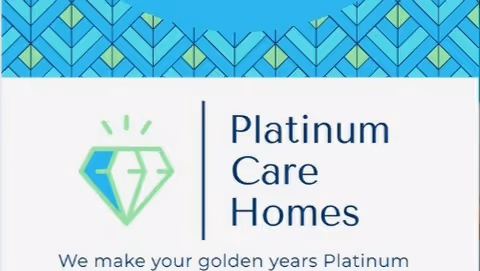 Exterior sign for Platinum Care Homes featuring a diamond logo on white background.