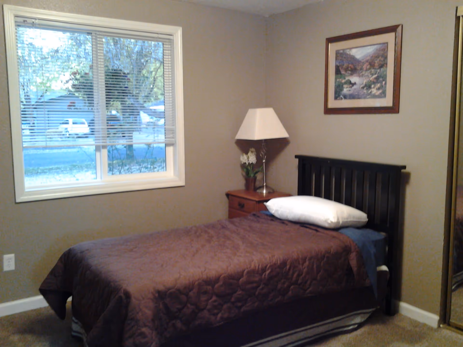 A small bedroom with a single bed covered with a brown quilt and a white pillow. Next to the bed is a wooden nightstand with a lamp and a small potted plant. A framed landscape painting hangs on the beige wall above the bed. A window with blinds shows a view of trees and parked cars outside.