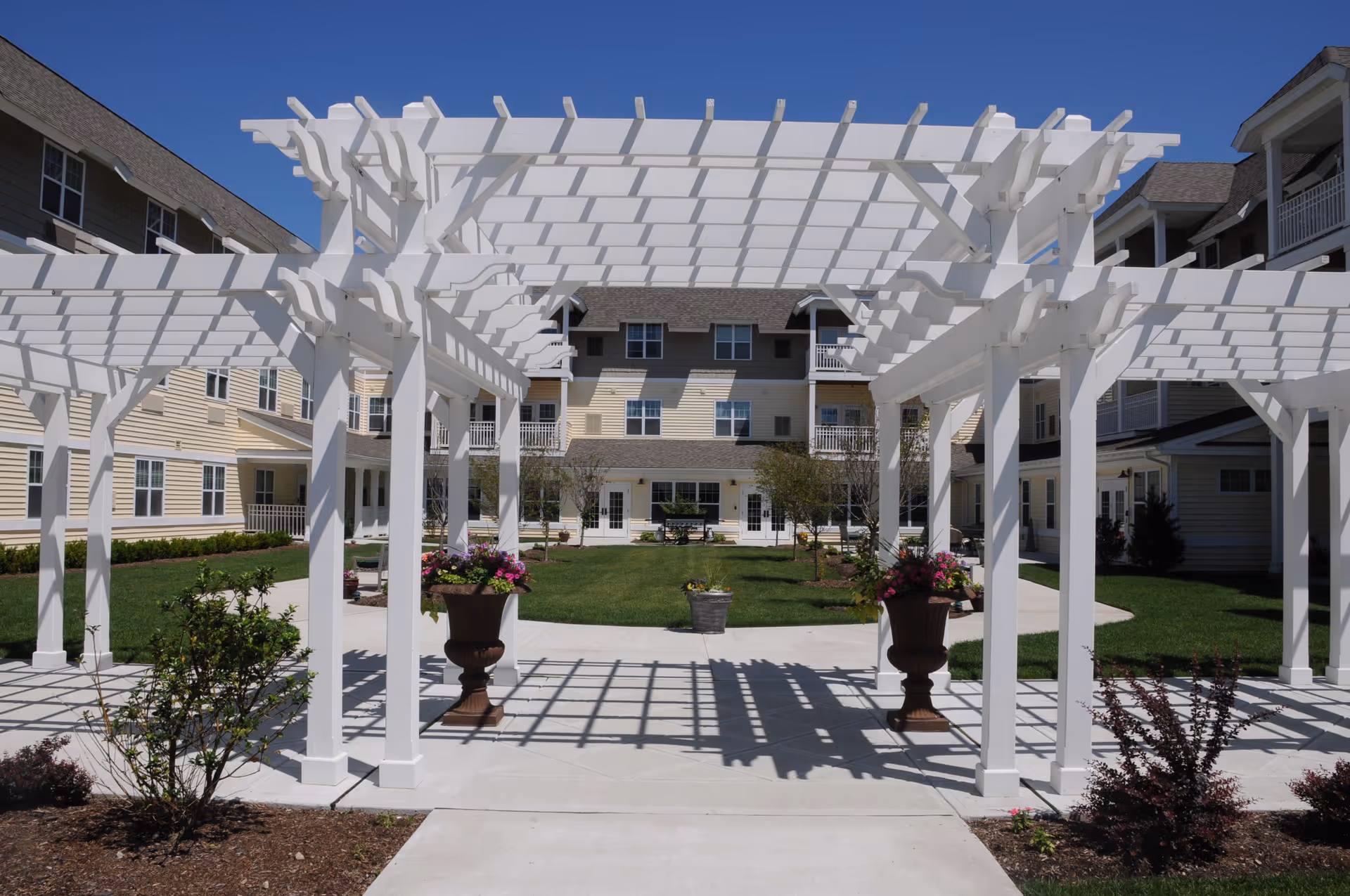 White pergolas frame Brightview Commons' exterior courtyard with lawn and planters
