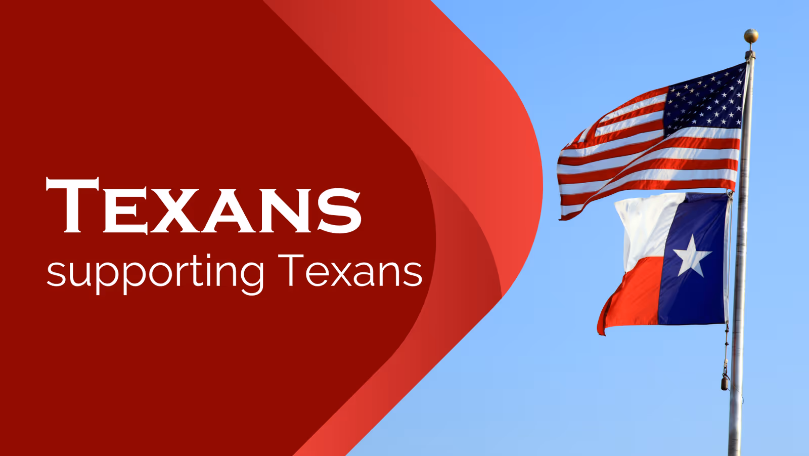 American and Texas flags wave on a flagpole against a clear blue sky.