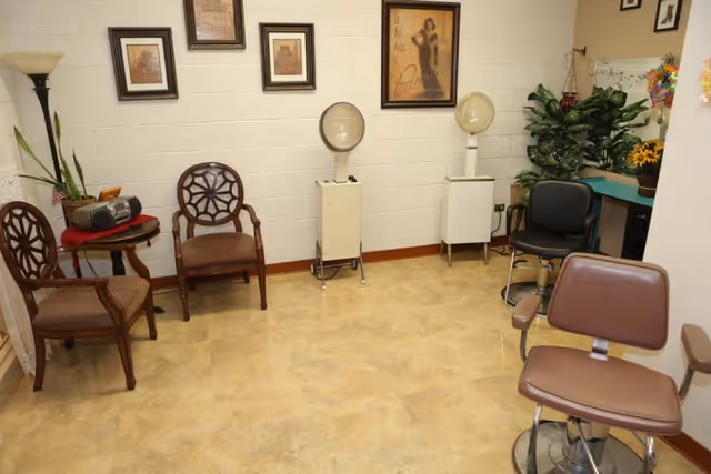 Interior view of a salon area with two vintage hair dryer chairs, two brown salon chairs, two wooden chairs with patterned backs, a small round table with a radio, a tall floor lamp, framed pictures on the wall, and a vanity with a mirror and plants.