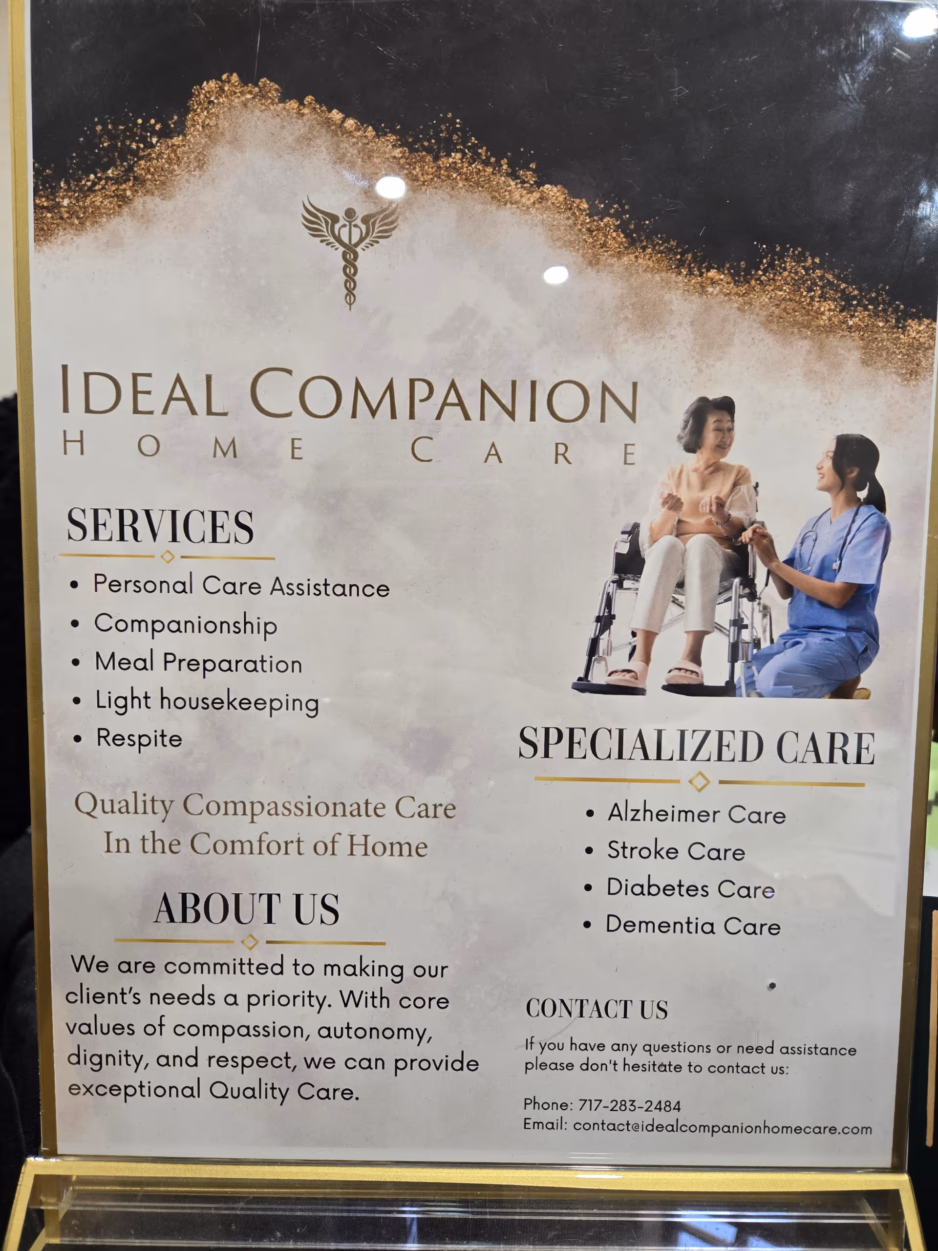 A banner for Ideal Companion Home Care shows caregivers with a woman in a wheelchair.