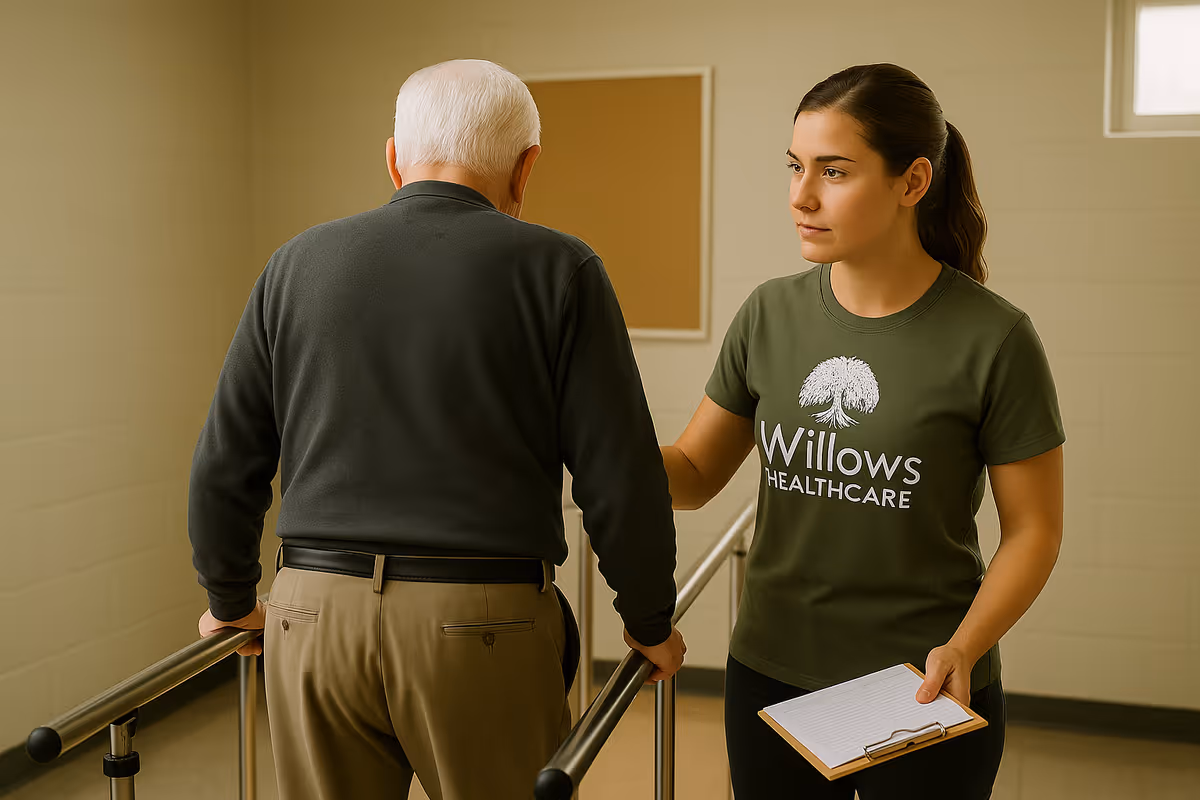 A healthcare worker wearing a green Willows Healthcare t-shirt assists an elderly man with white hair as he uses parallel bars for walking practice in a rehabilitation setting. The healthcare worker holds a clipboard and supports the man by gently touching his arm.