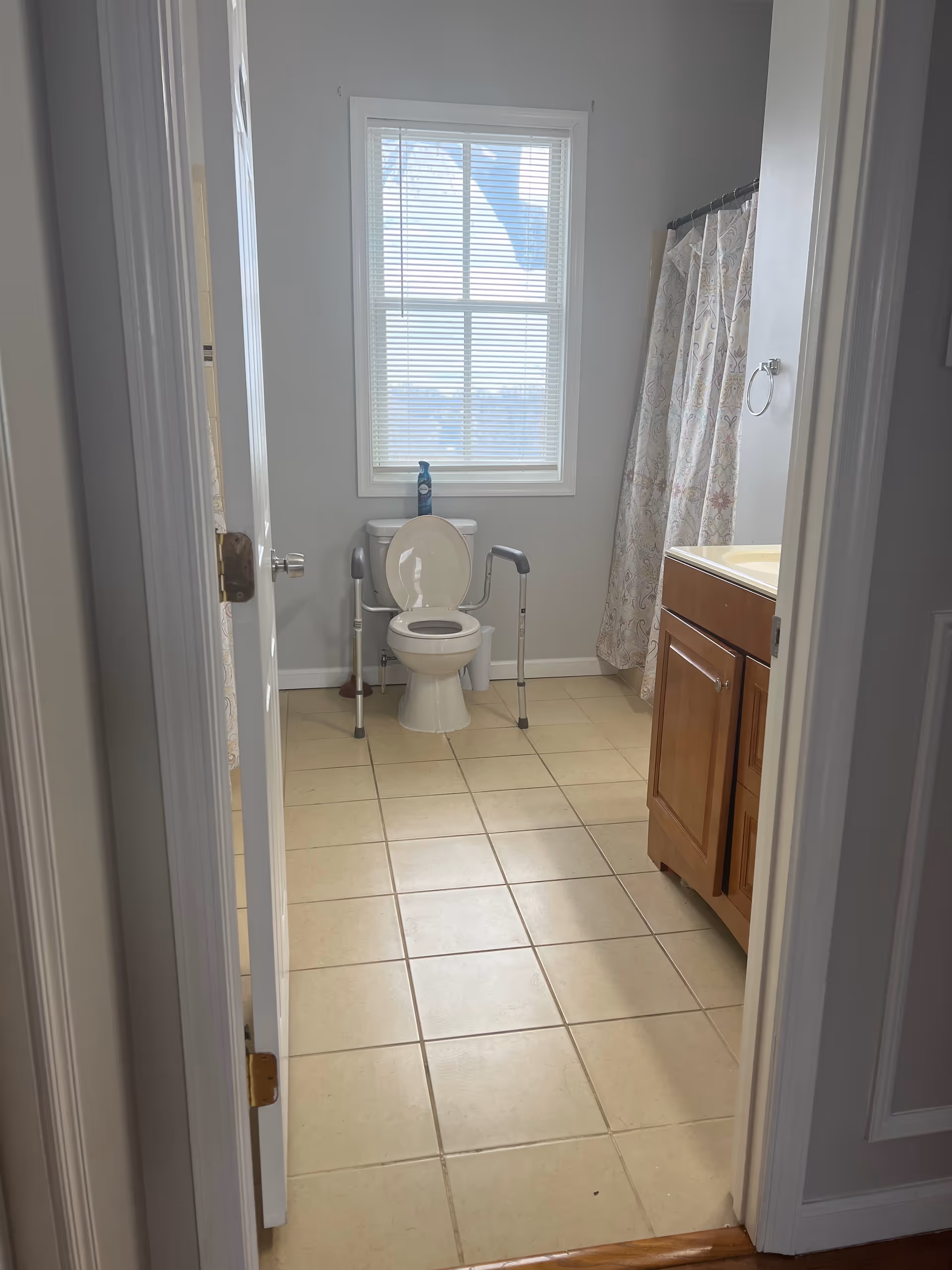 Bright bathroom with toilet, sink vanity, shower curtain, and grab bars.