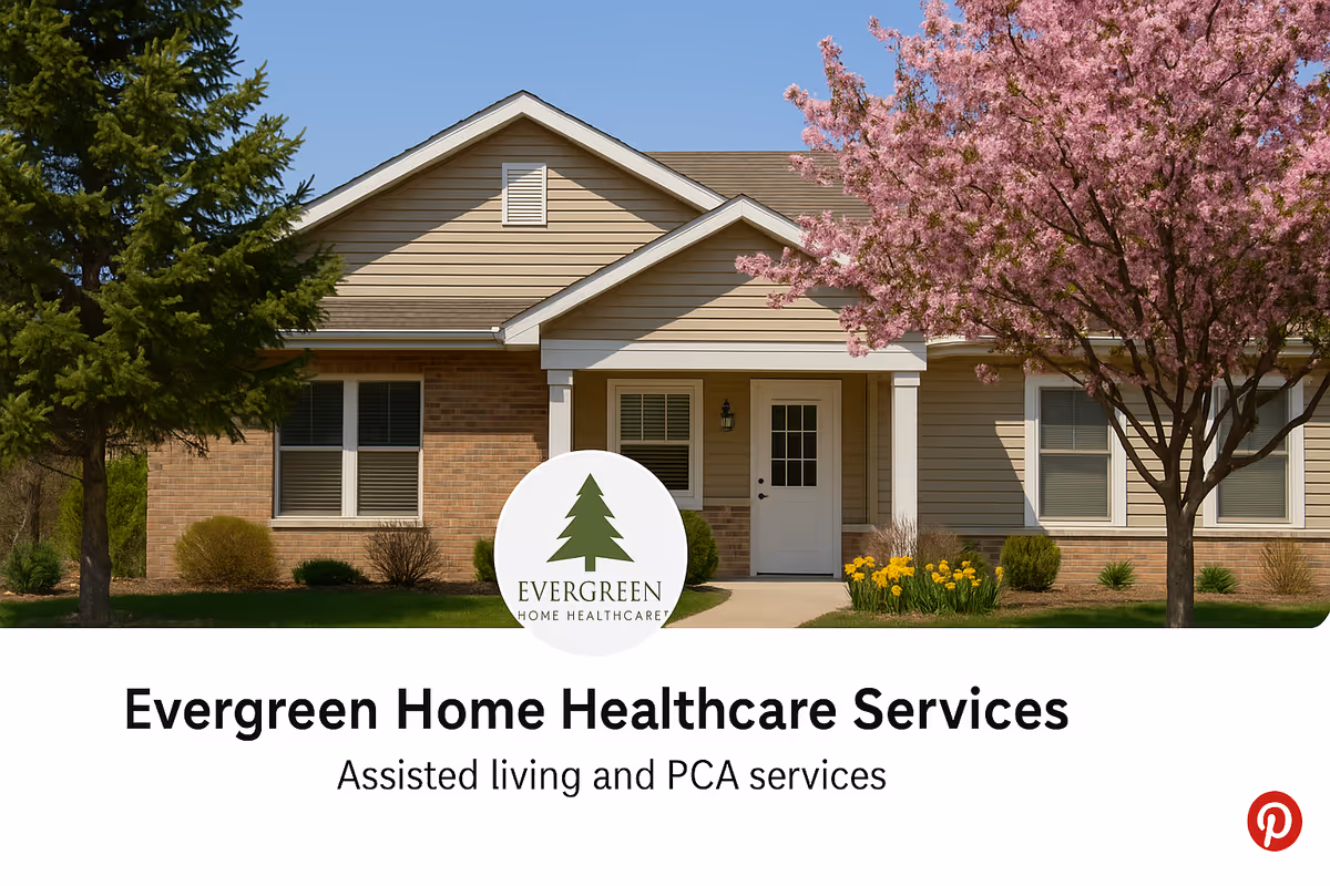 Front view of Evergreen Home Healthcare Services facility with a sign and landscaping.