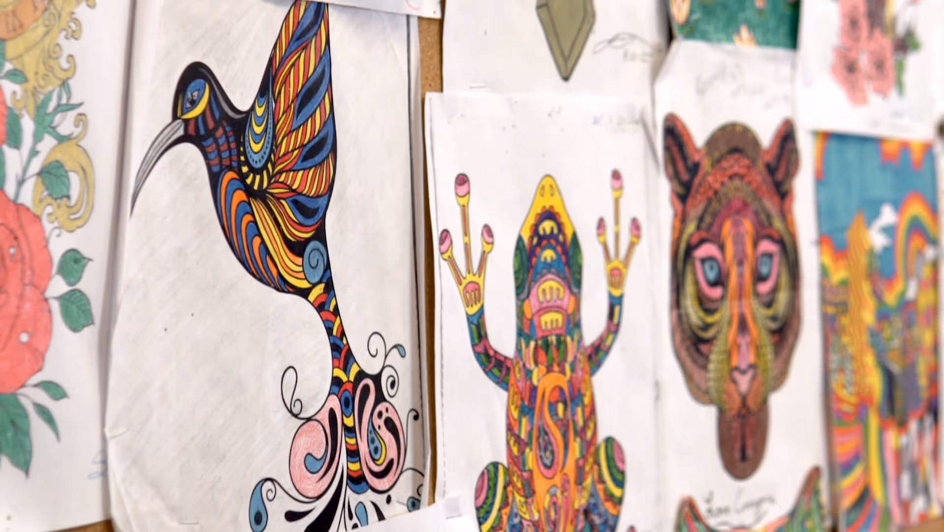 Colorful drawings pinned to a wall in an interior hallway.