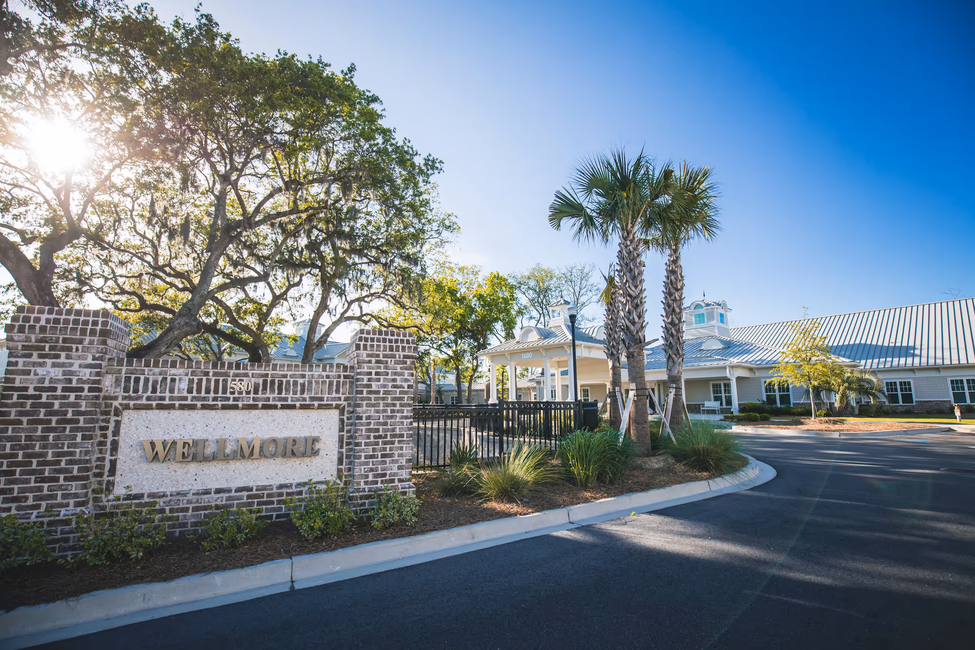 Exterior view of Wellmore of Daniel Island facility with a brick sign displaying 'WELLMORE' in front, surrounded by trees and palm trees under a clear blue sky.