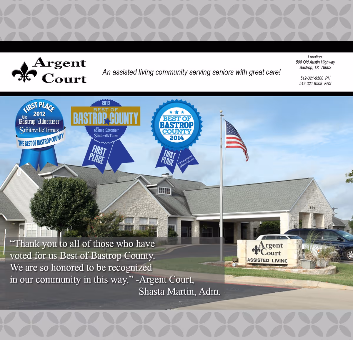 Exterior view of Argent Court Assisted Living building with flags